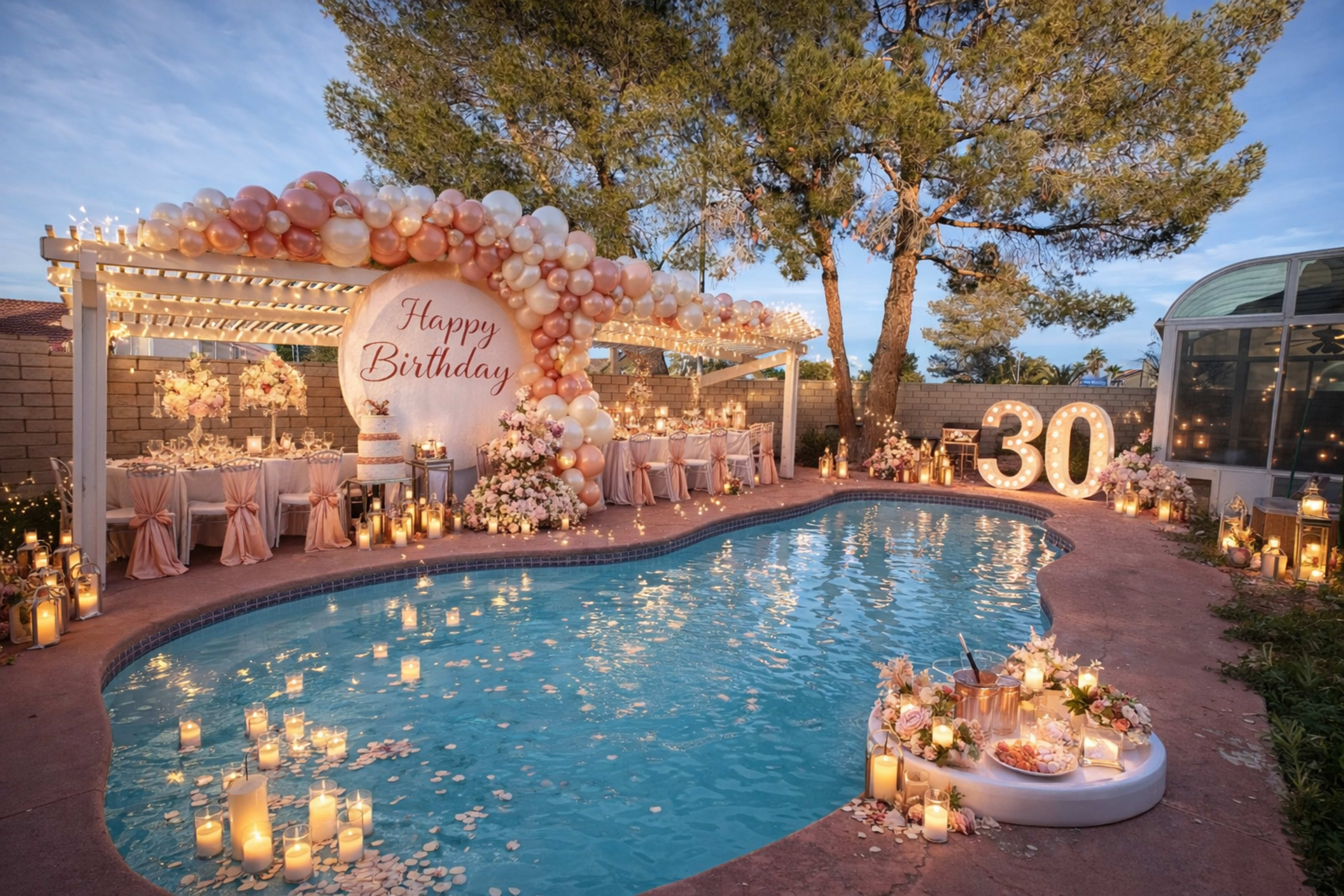 The scene features a decorated outdoor birthday party by a pool, with a balloon arch, a "Happy Birthday" sign, and illuminated candles surrounding the water.