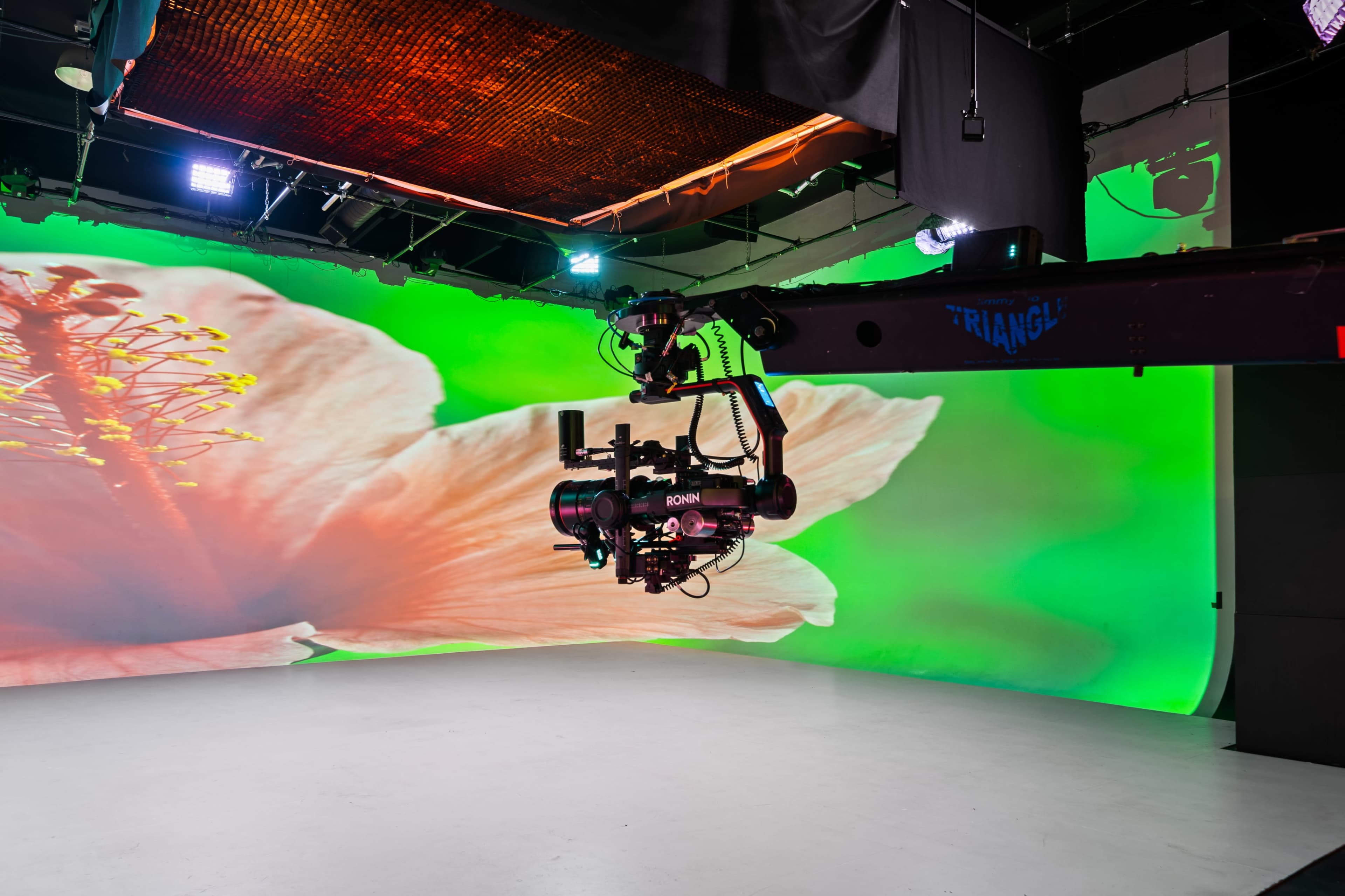 A film studio features a camera mounted on a large crane in front of a vibrant floral backdrop.