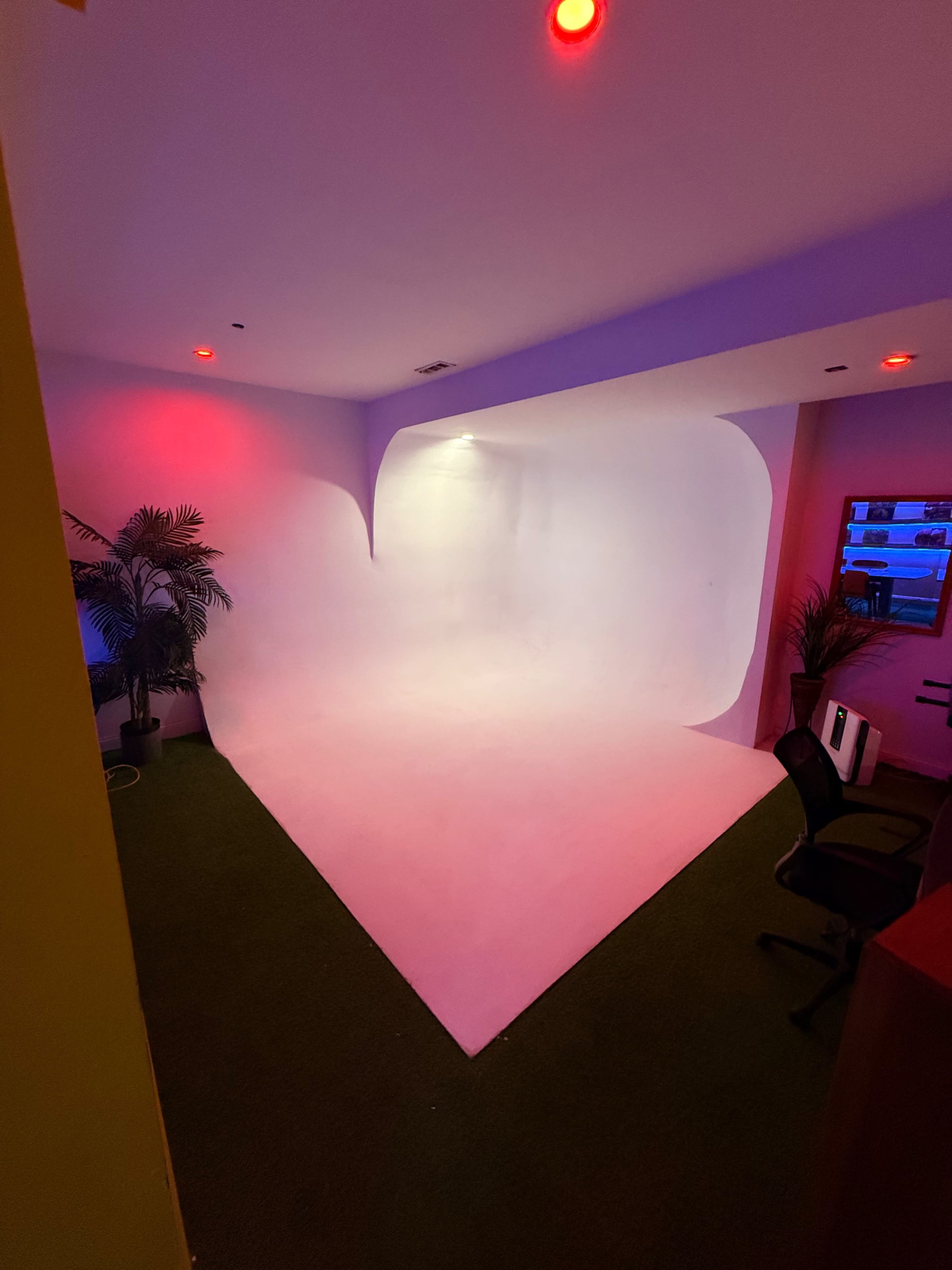 The image shows a spacious room with a curved white backdrop, illuminated by red and blue lights, and features potted plants and a chair.