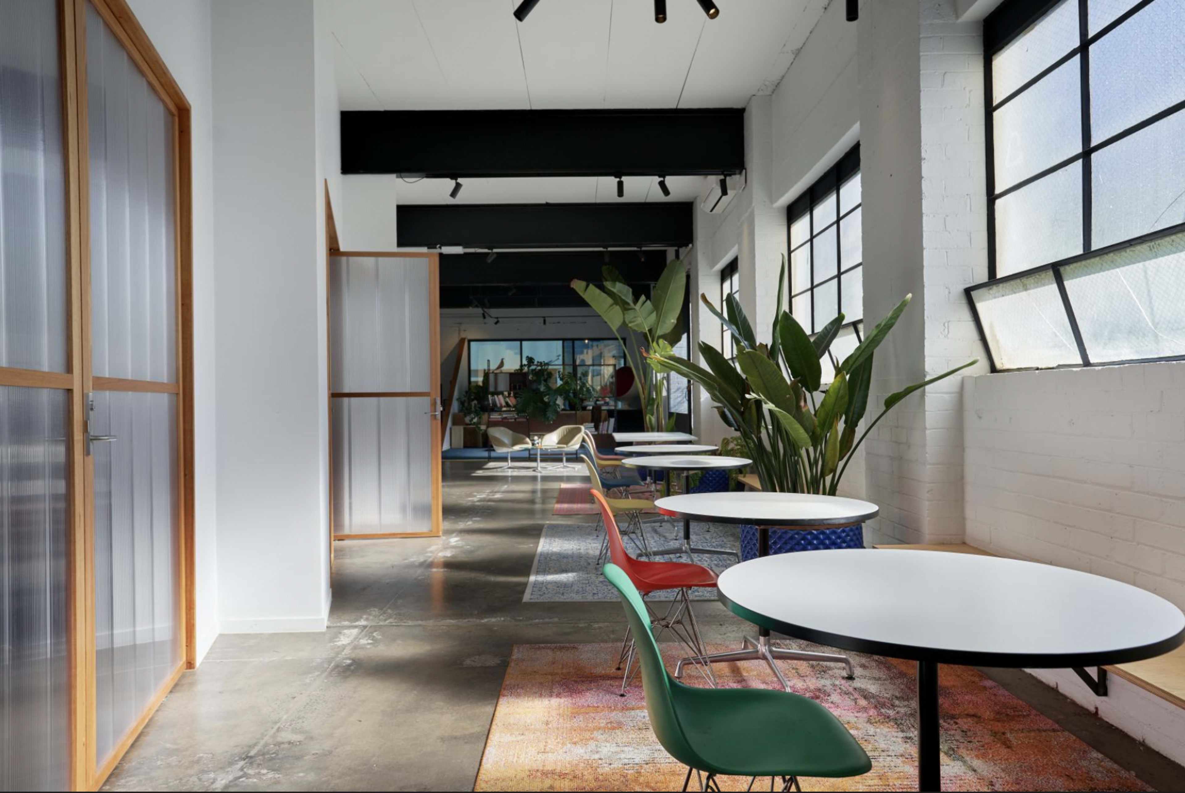 A modern interior space featuring colorful chairs, tables, and large windows with plants along the walls.