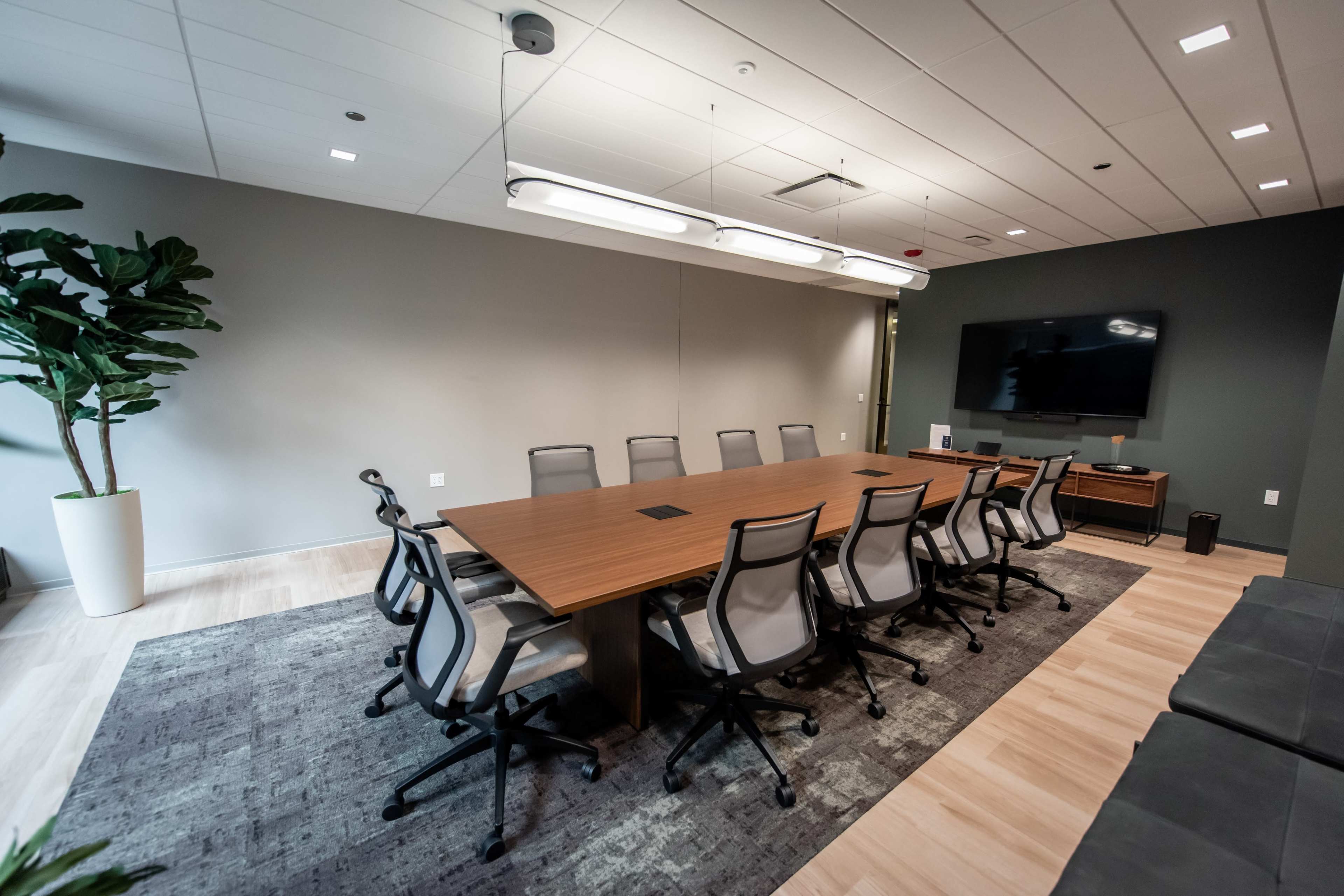The image shows a modern conference room with a large wooden table surrounded by ergonomic chairs, a television mounted on the wall, and a potted plant in the corner.
