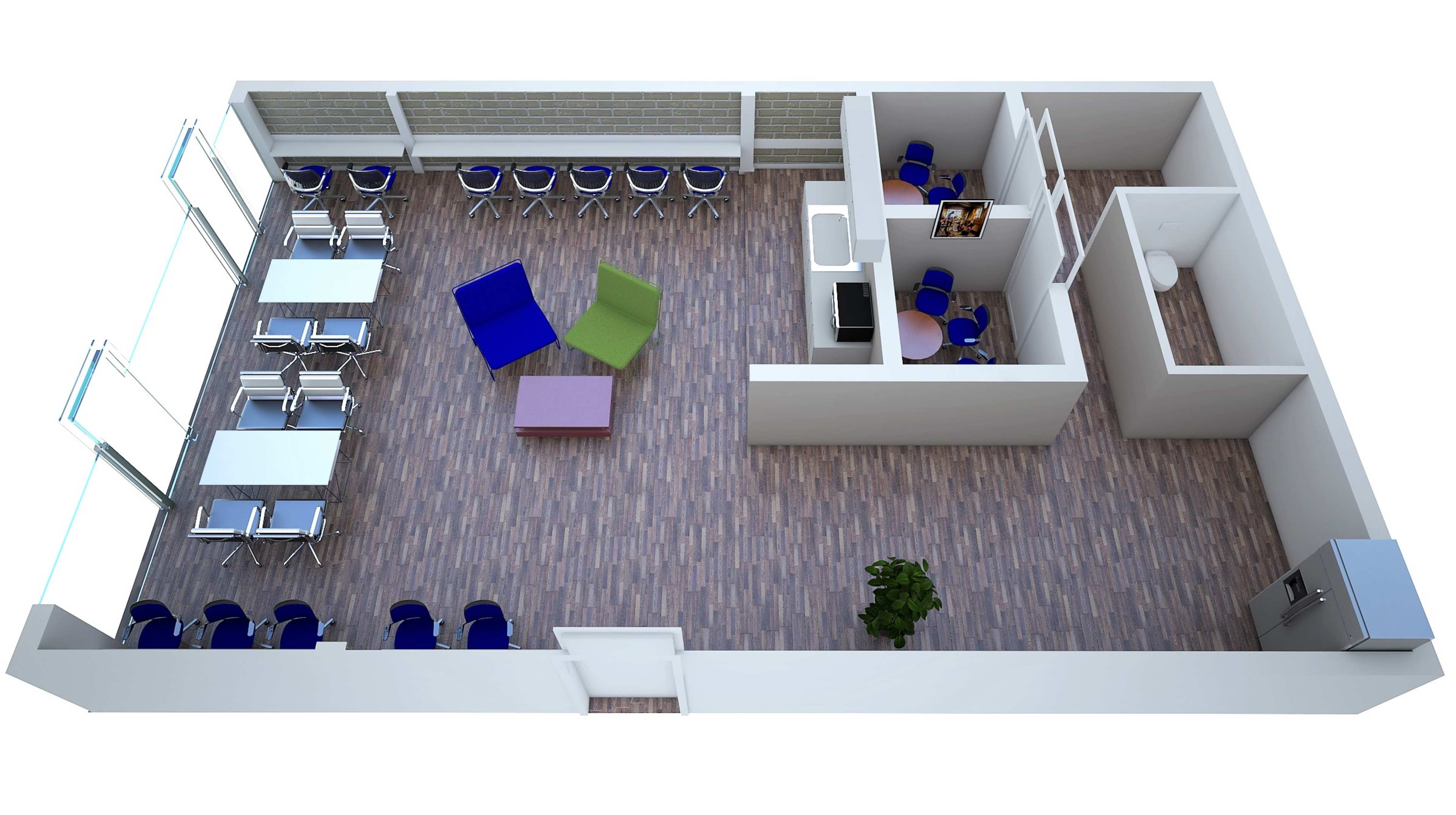 The image shows a layout of a room featuring tables and chairs arranged for seating, a small kitchenette area, and a restroom, with various colored chairs and a plant included in the design.