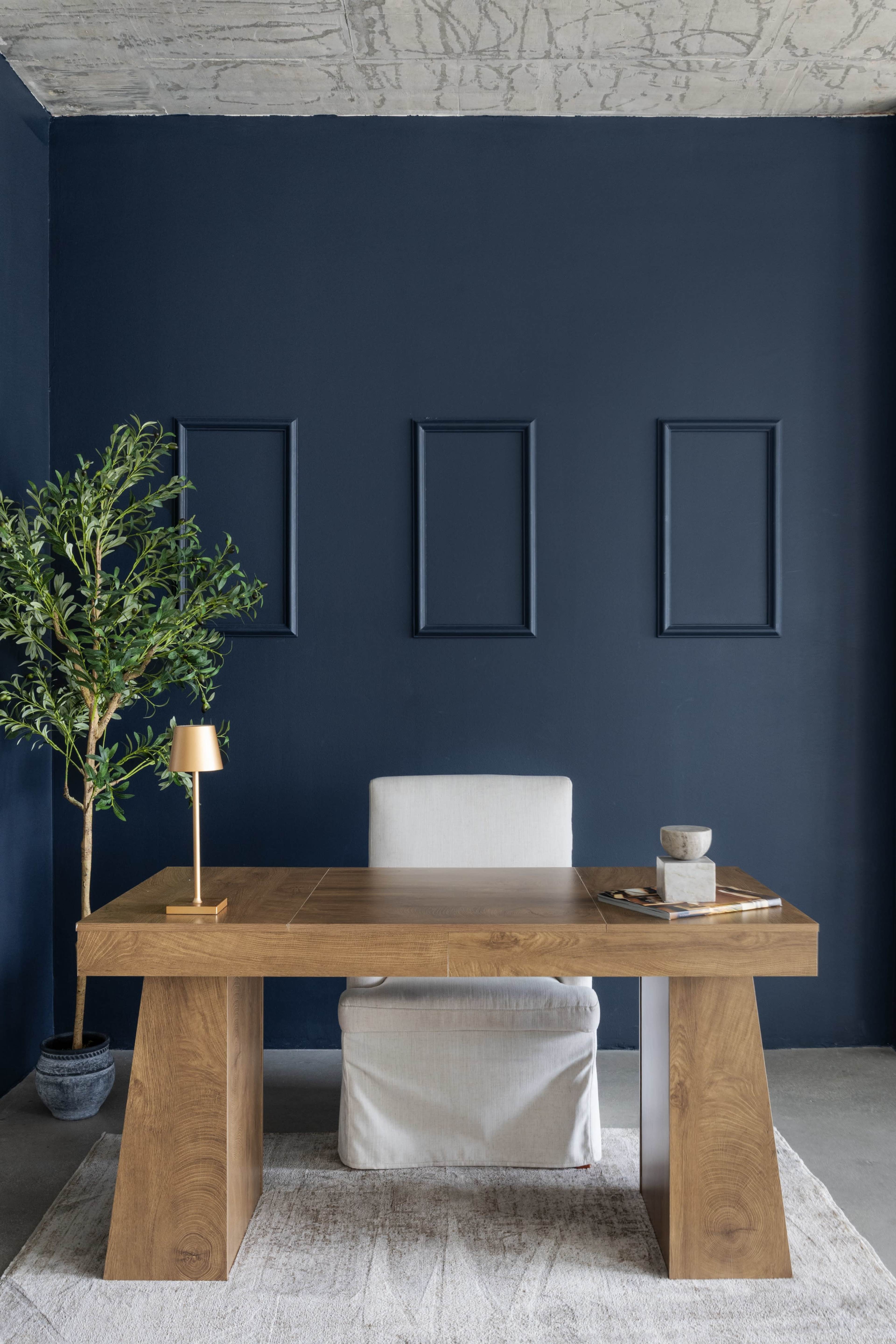 A modern office setup features a wooden desk with a chair, a small lamp, decorative items, and a potted plant against a dark blue wall with empty picture frames.