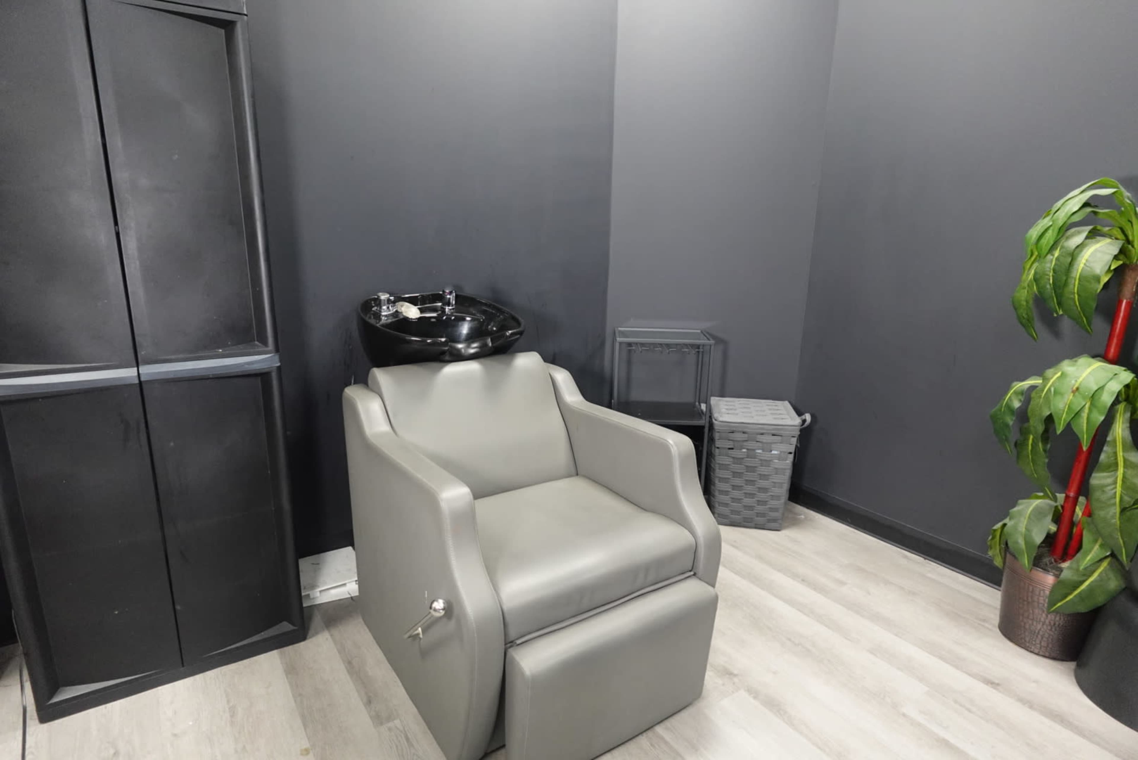 The image shows a salon interior featuring a gray shampoo chair, a black wash basin, a storage cabinet, a laundry basket, and a large potted plant against dark walls.