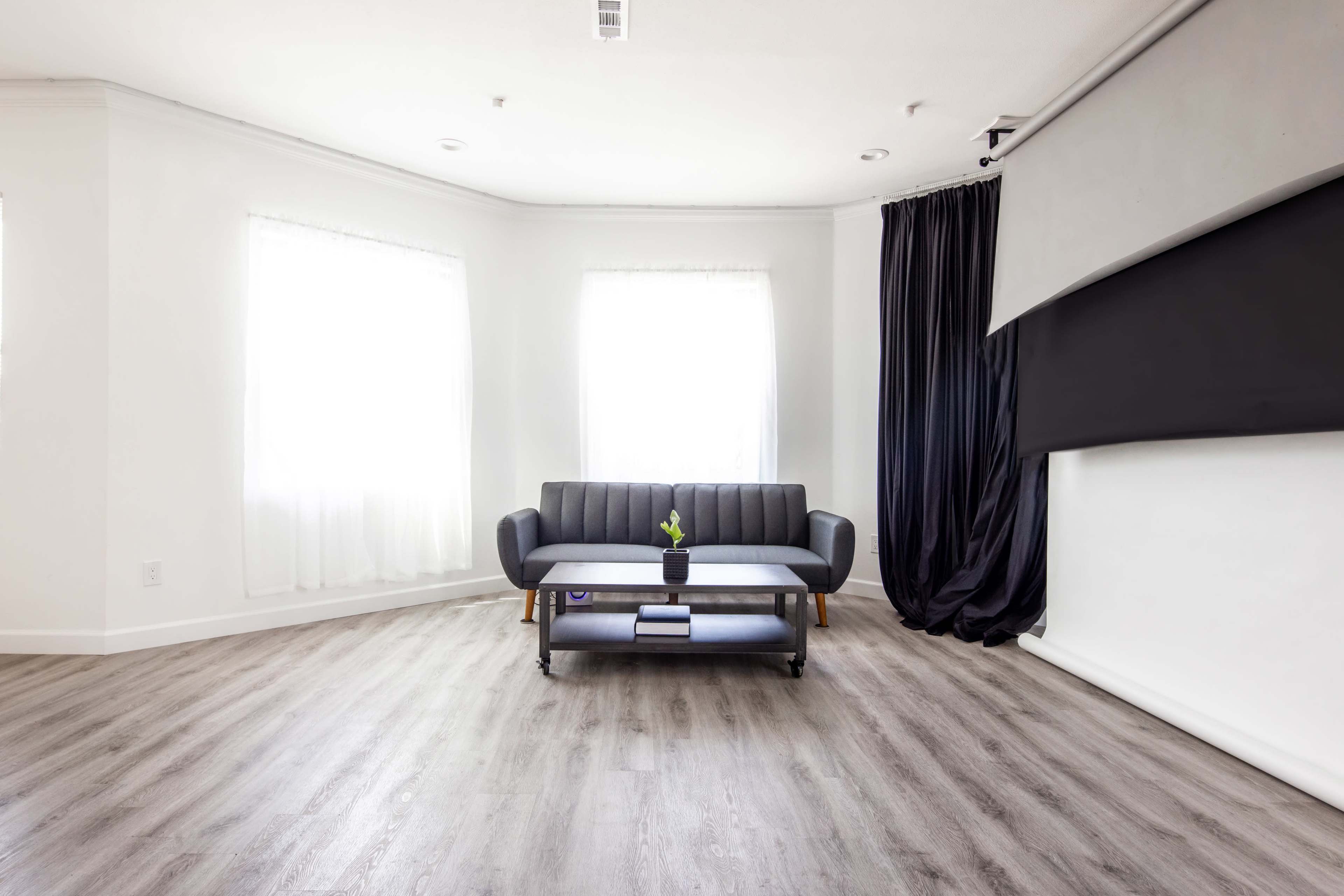 The image shows a minimalist living room featuring a gray sofa, a small coffee table with a potted plant, large windows with white curtains, and a dark curtain covering part of a wall.