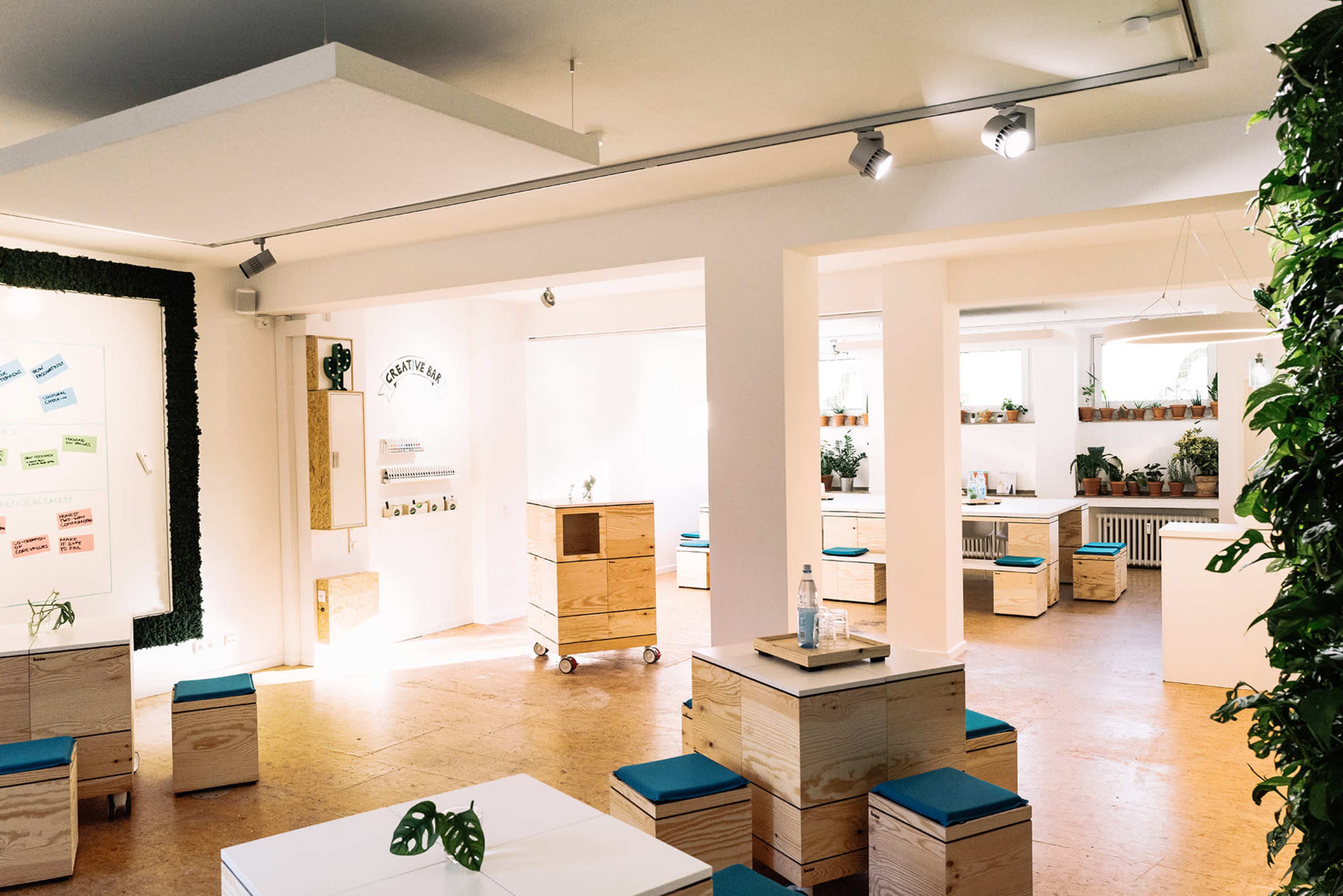 A modern, minimalistic interior space with wooden furniture, white walls, and several plants.