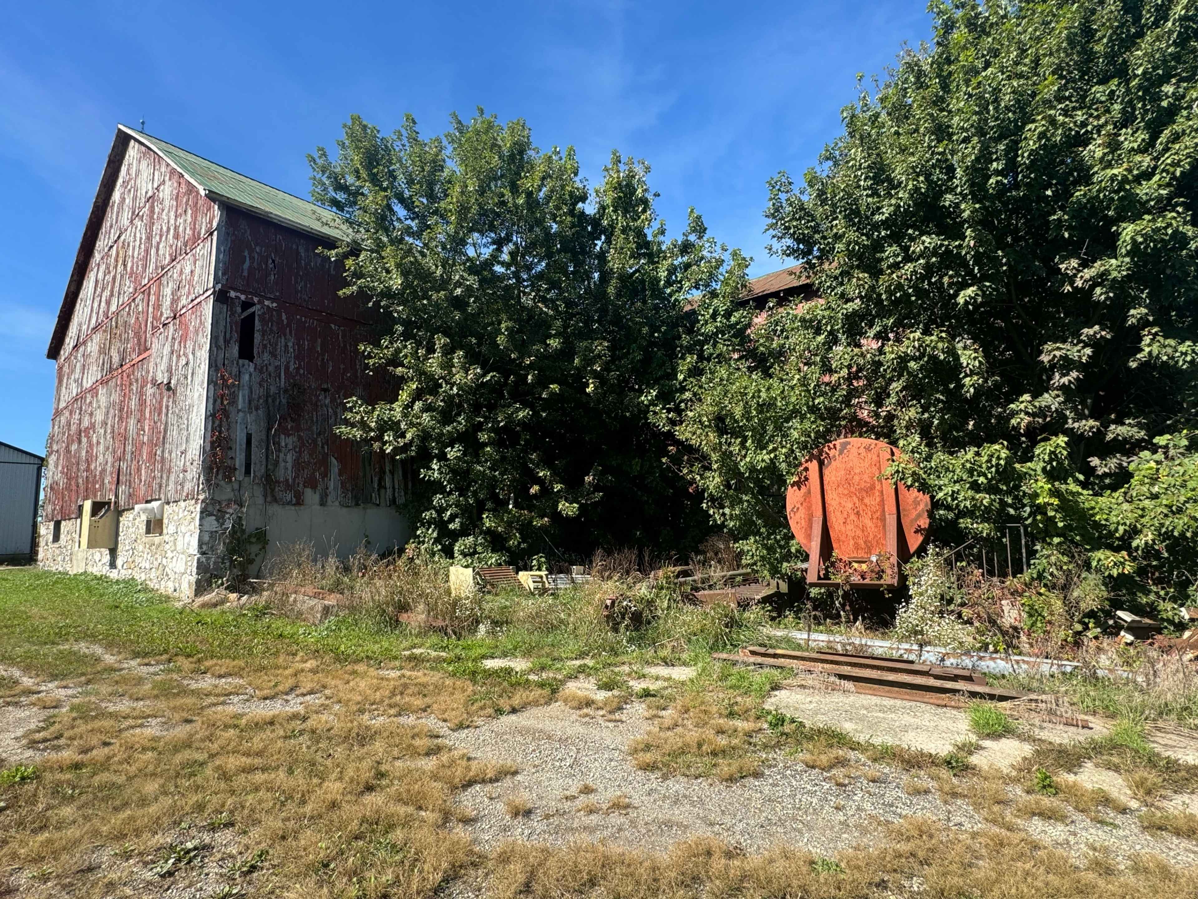 An old red barn is partially obscured by overgrown trees and vegetation in a rural setting.