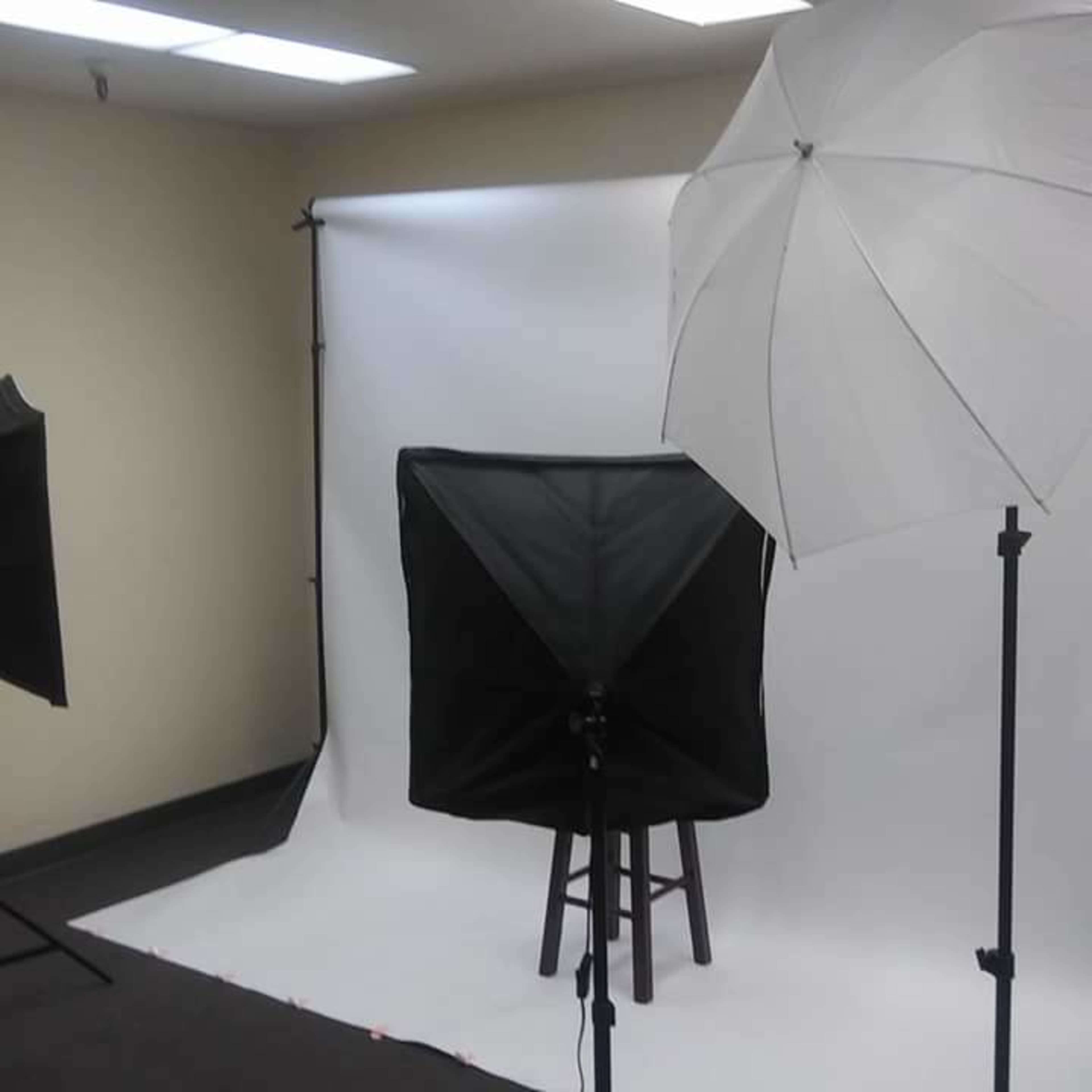 A photography setup with two light umbrellas, a black softbox, and a stool in front of a white backdrop.