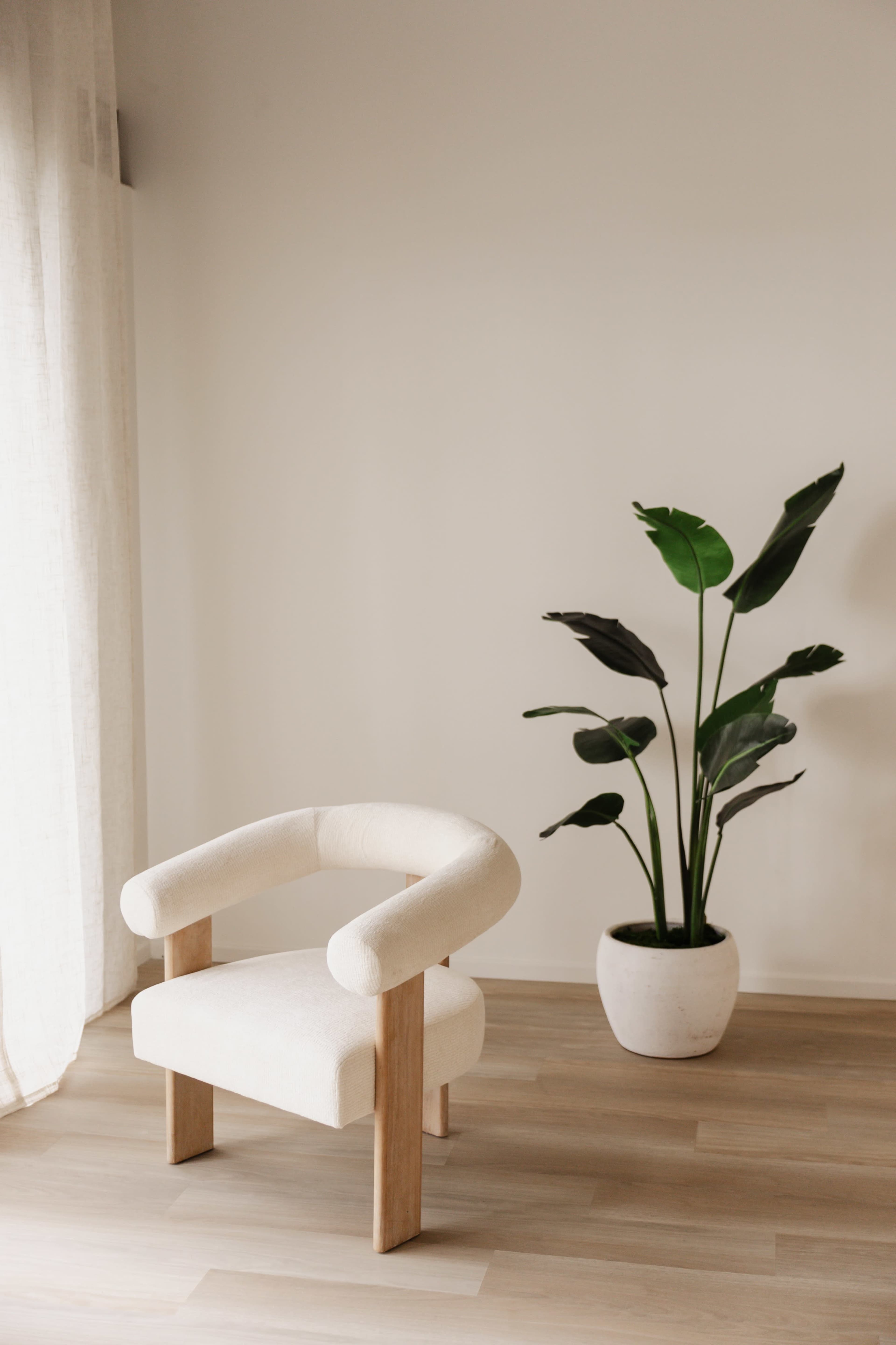 The image features a minimalist interior scene with a light-colored, upholstered chair beside a potted plant in a white planter, set against a plain wall.