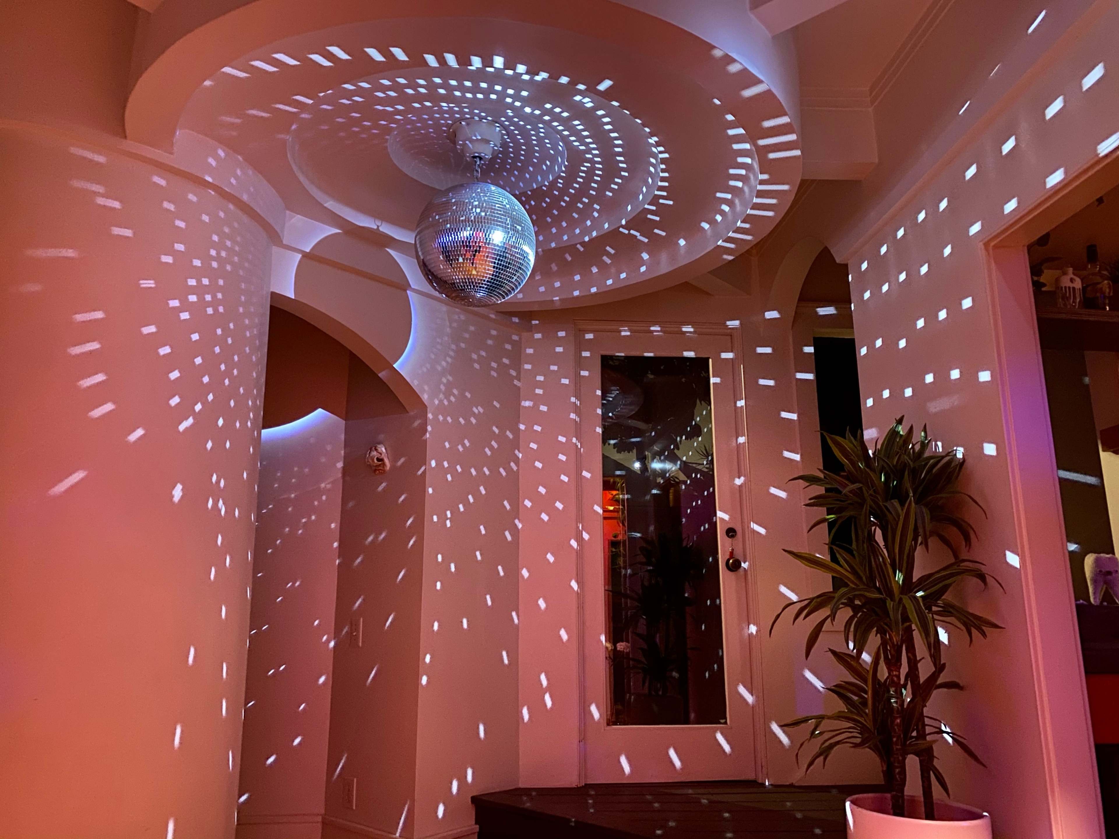 The scene features a disco ball reflecting light patterns on the walls and ceiling of a room with a plant in the corner.