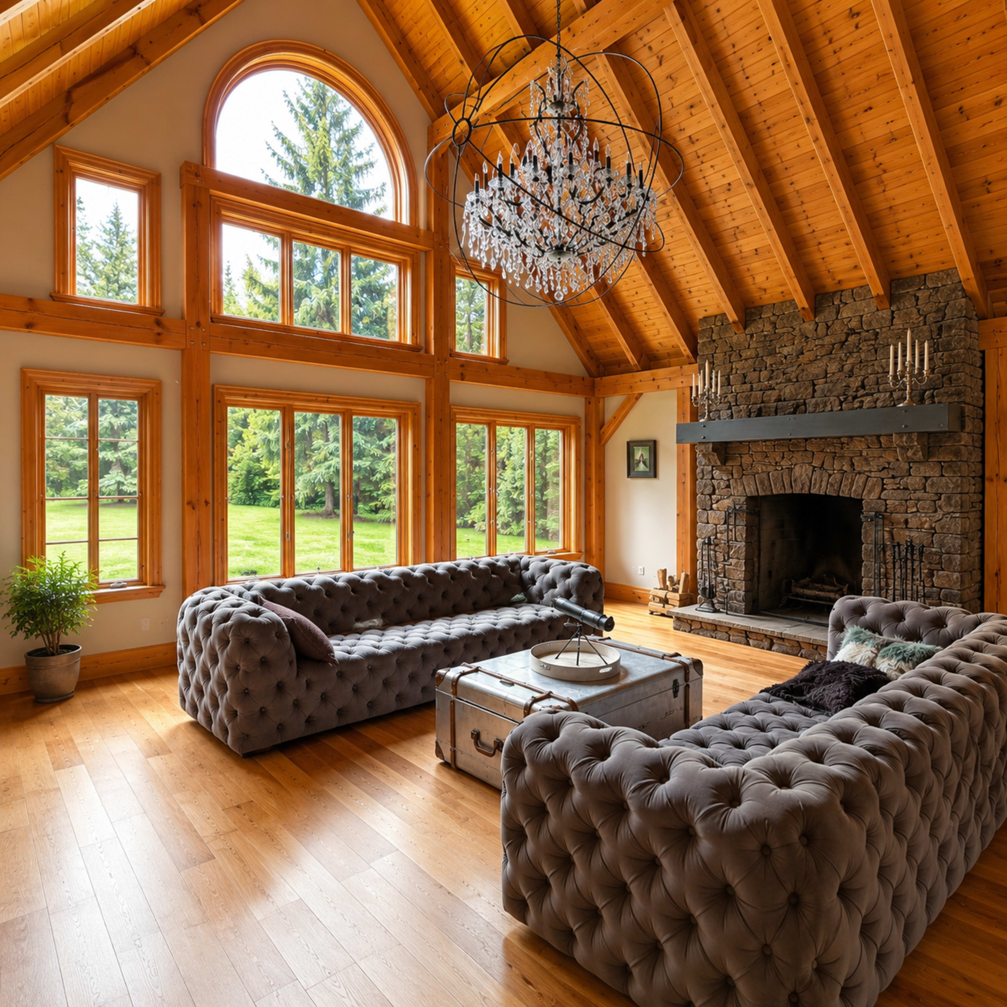 The living room features a high wooden ceiling, a large stone fireplace, and two tufted sofas arranged around a circular coffee table, with large windows offering views of the outdoor greenery.