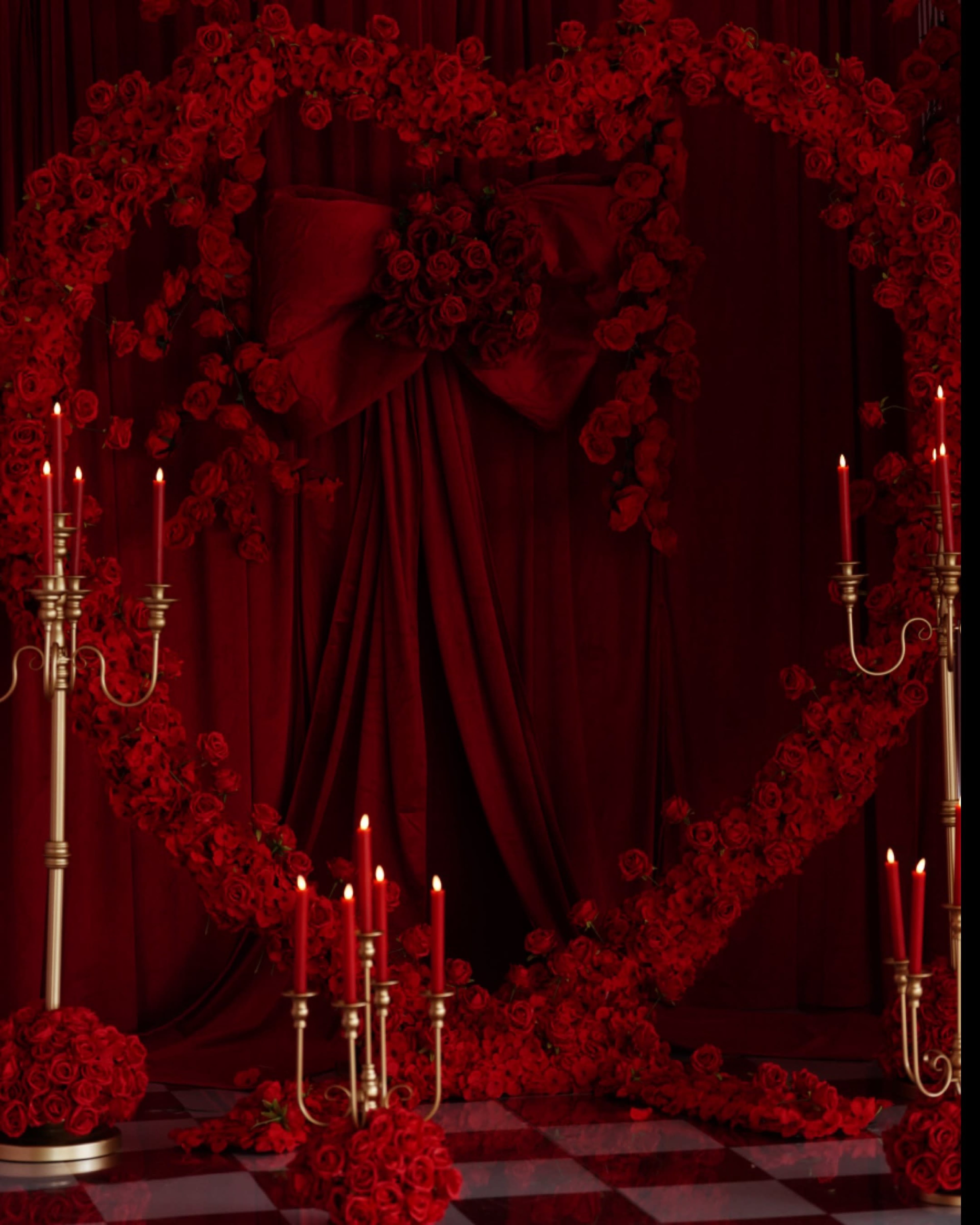 The scene features a large heart-shaped arrangement made of red roses, adorned with a bow, accompanied by tall candle holders with lit candles, all set against a red backdrop.