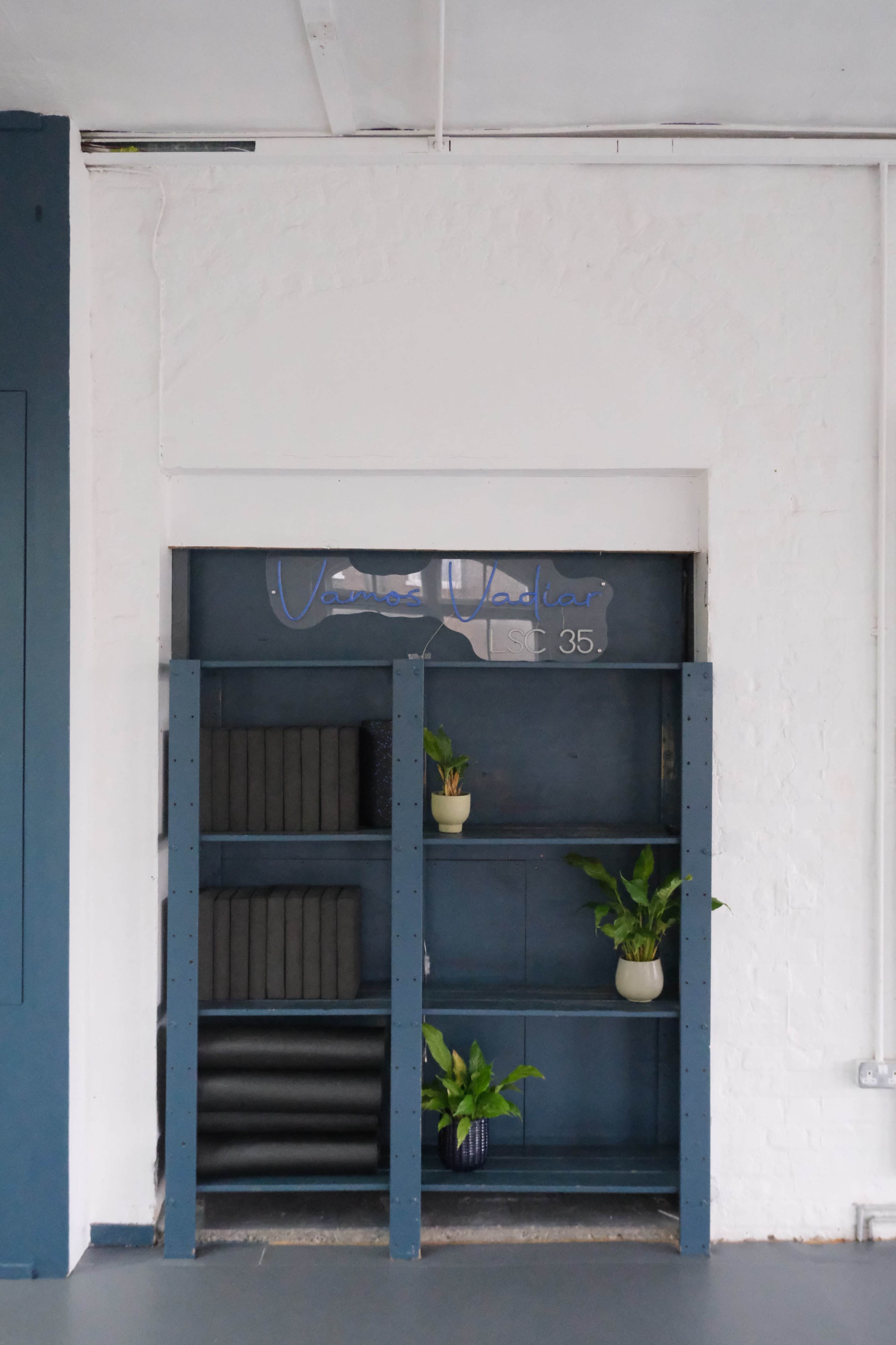The image shows a blue shelving unit with black items and potted plants, set against a white brick wall.