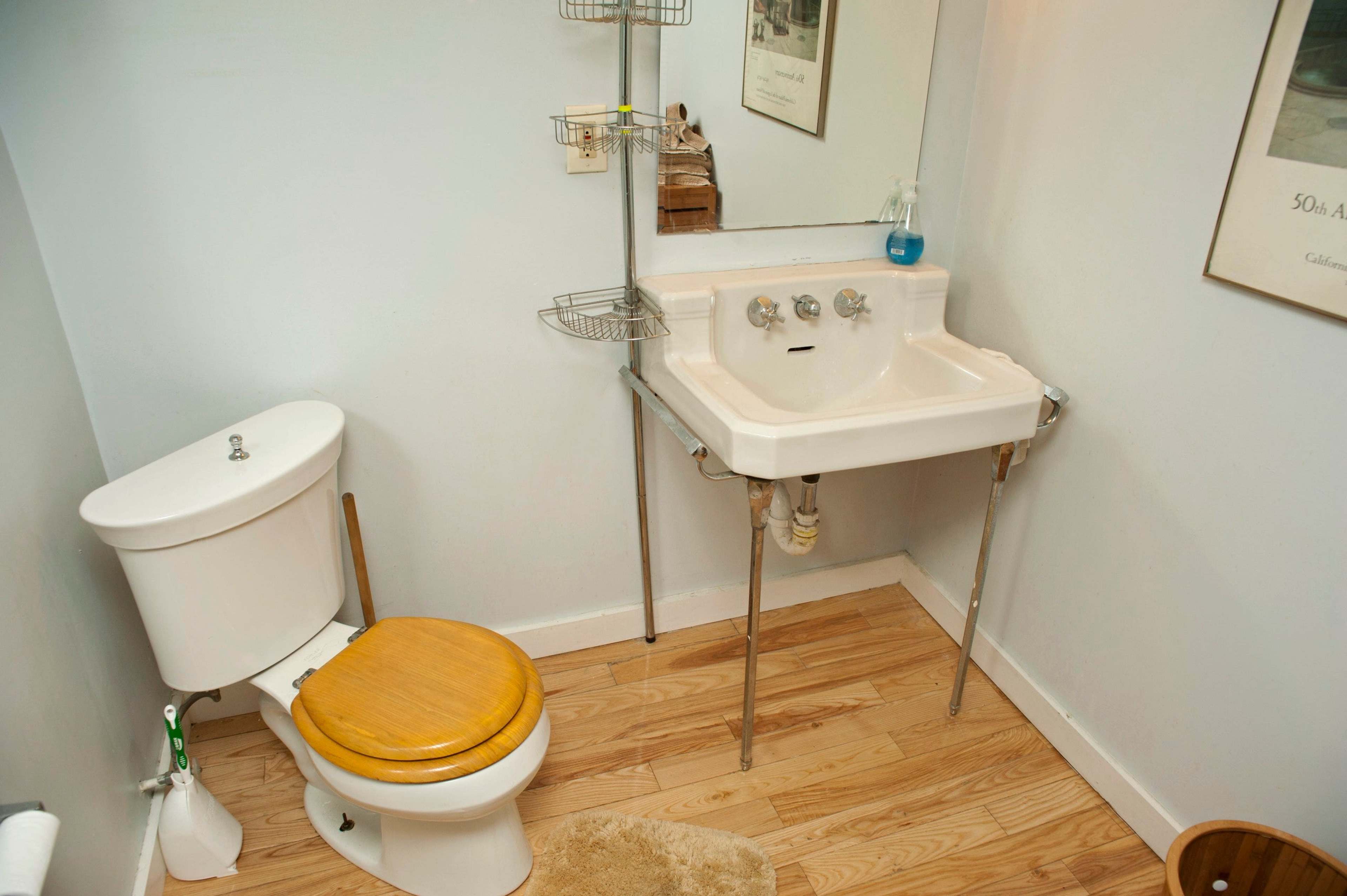 The image shows a small bathroom with a toilet and a sink mounted on a metal frame, accompanied by wooden flooring.