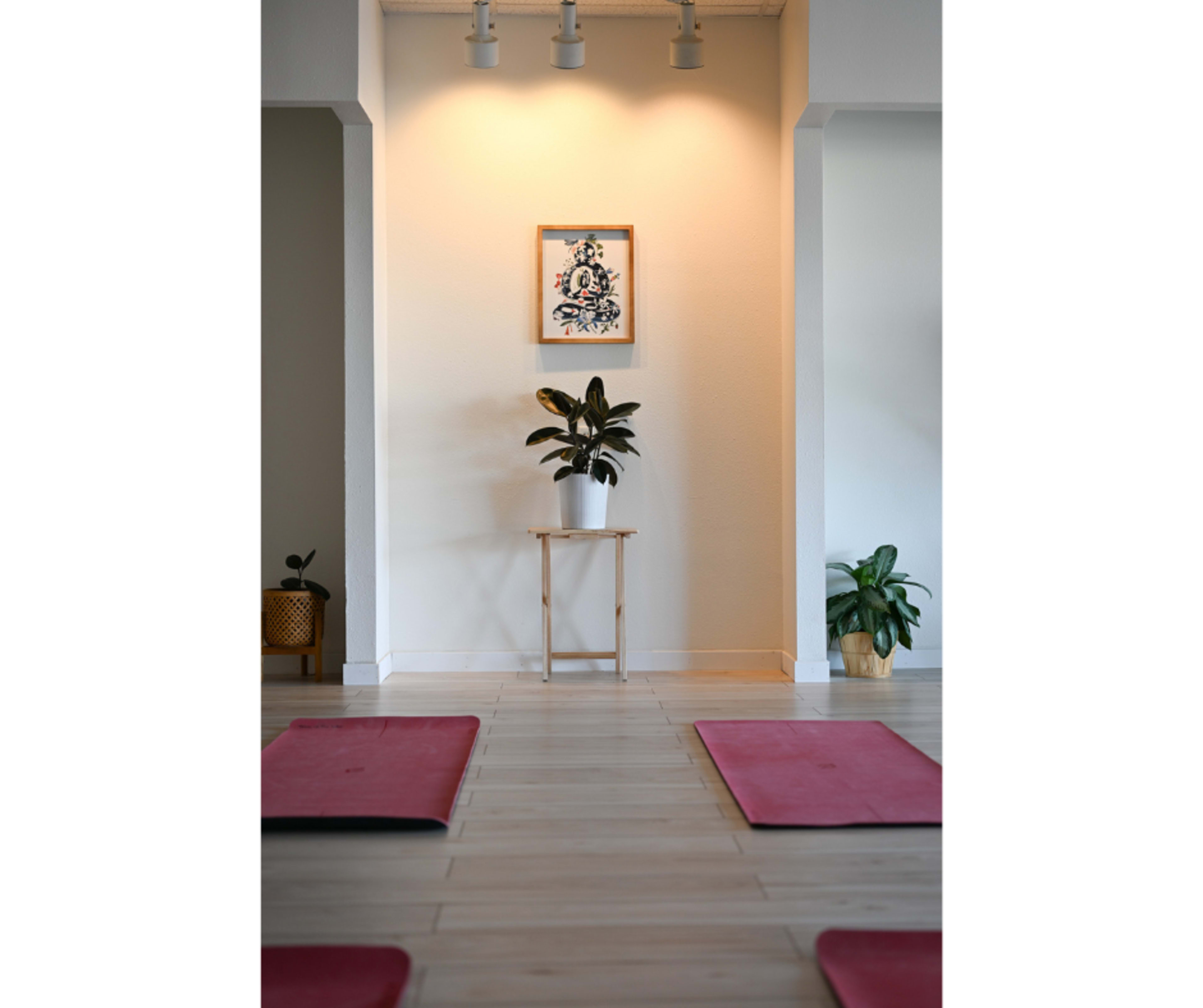 A serene yoga studio features pink mats on the wooden floor, a small table with a plant, and a framed artwork on a softly lit wall.