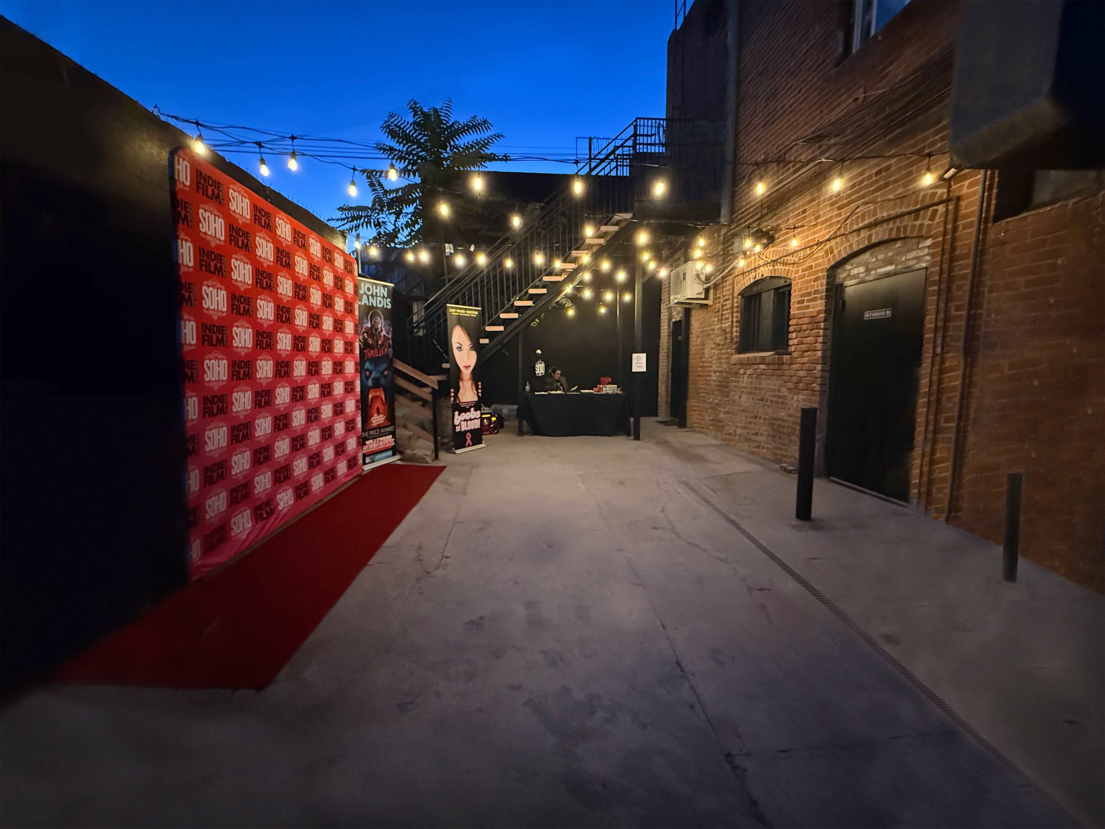 The image shows a dimly lit outdoor event space featuring a red carpet, string lights overhead, a staircase, and promotional banners against a brick wall.