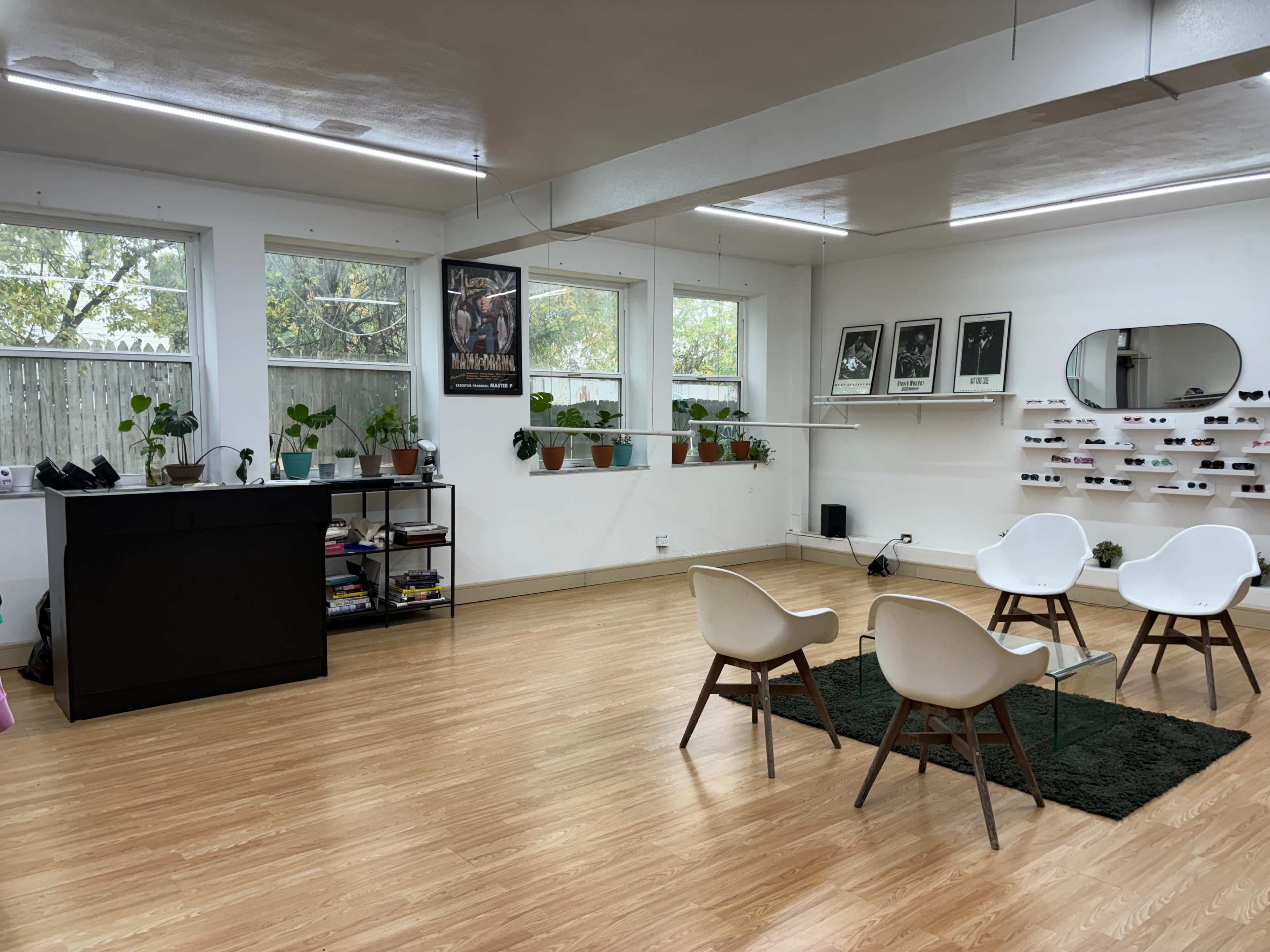 A bright, minimalist interior with a black counter, two white chairs on a green rug, and several plants placed on shelves and windowsills.