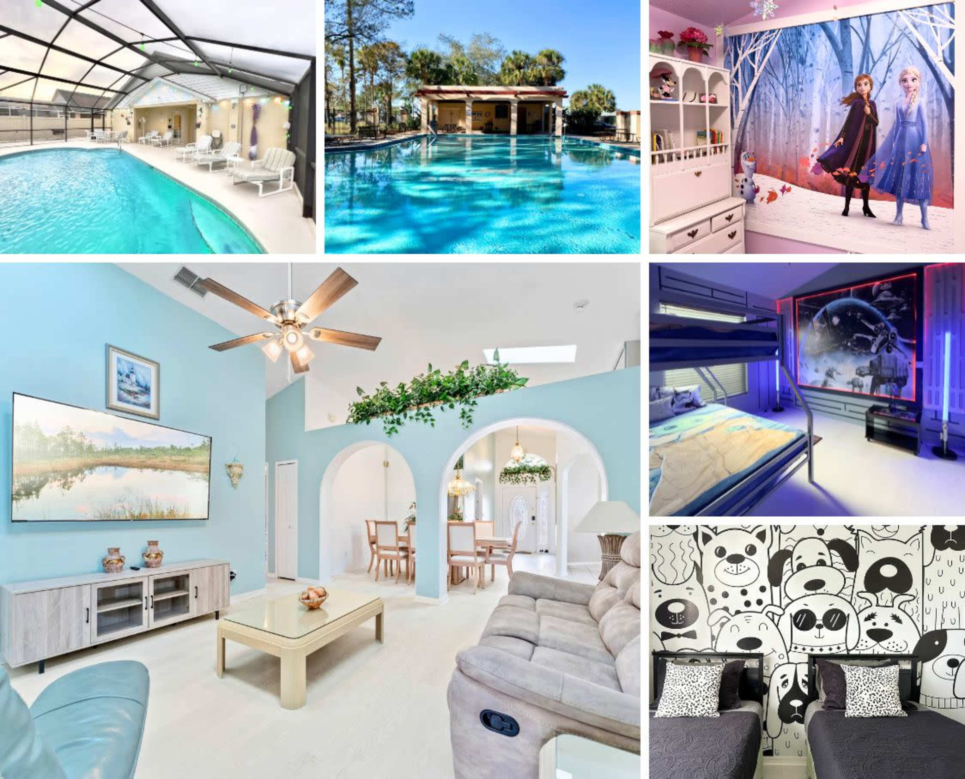 The image showcases a collage of a pool area, a recreational building, a bright living room, a dining area, a children's bedroom themed with characters, and a room featuring a panda-patterned wall.