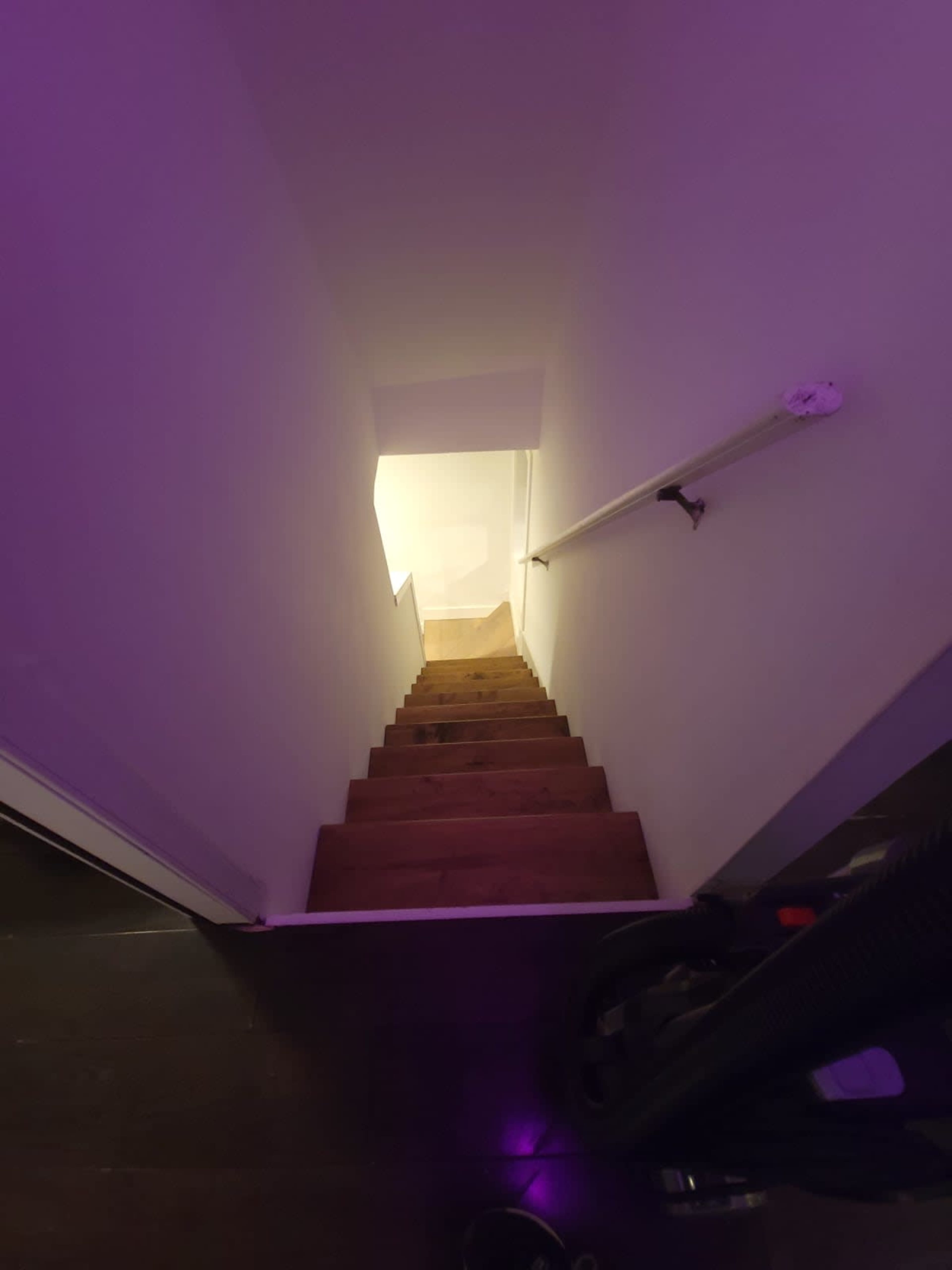 The image shows a wooden staircase leading down into a dimly lit area, with purple lighting illuminating the walls.
