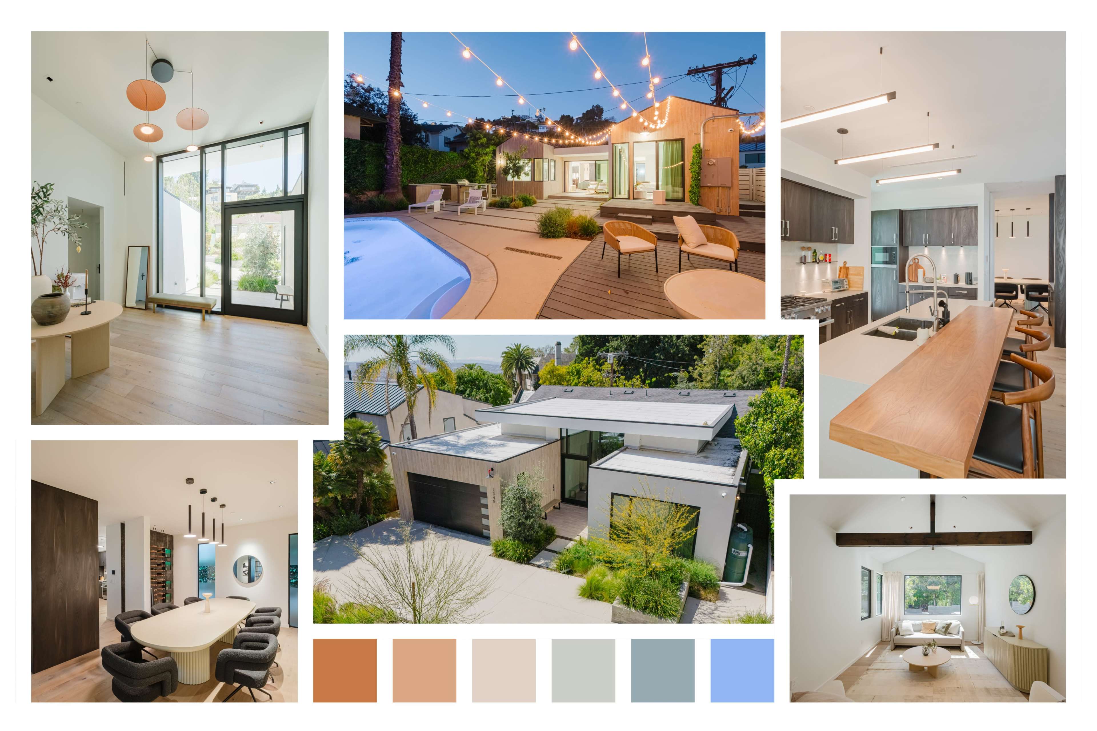 The image showcases various modern interior and exterior designs of a residential property, including a pool area, kitchen, dining space, and outdoor seating.