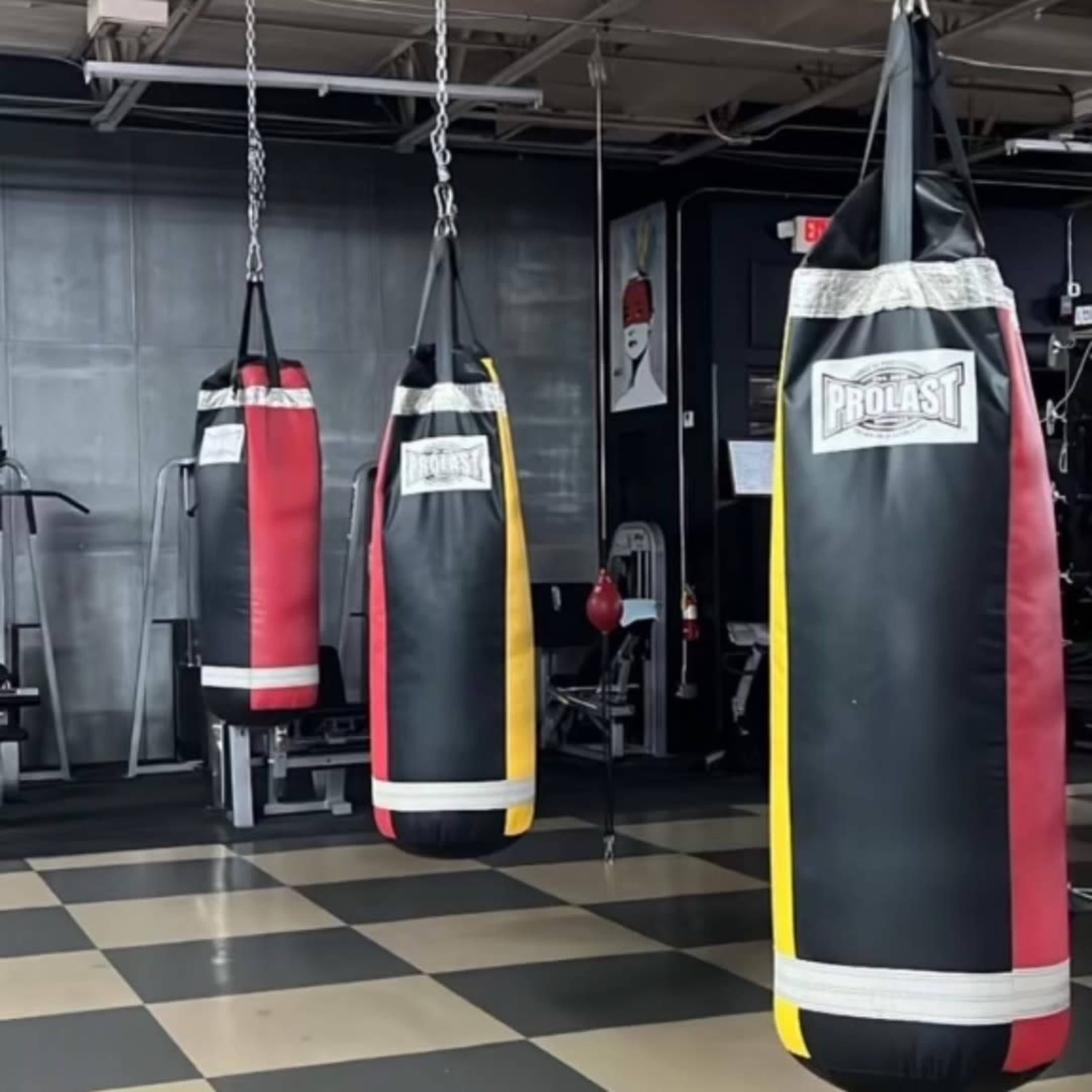 Three hanging boxing bags in a gym setting are arranged in a row.