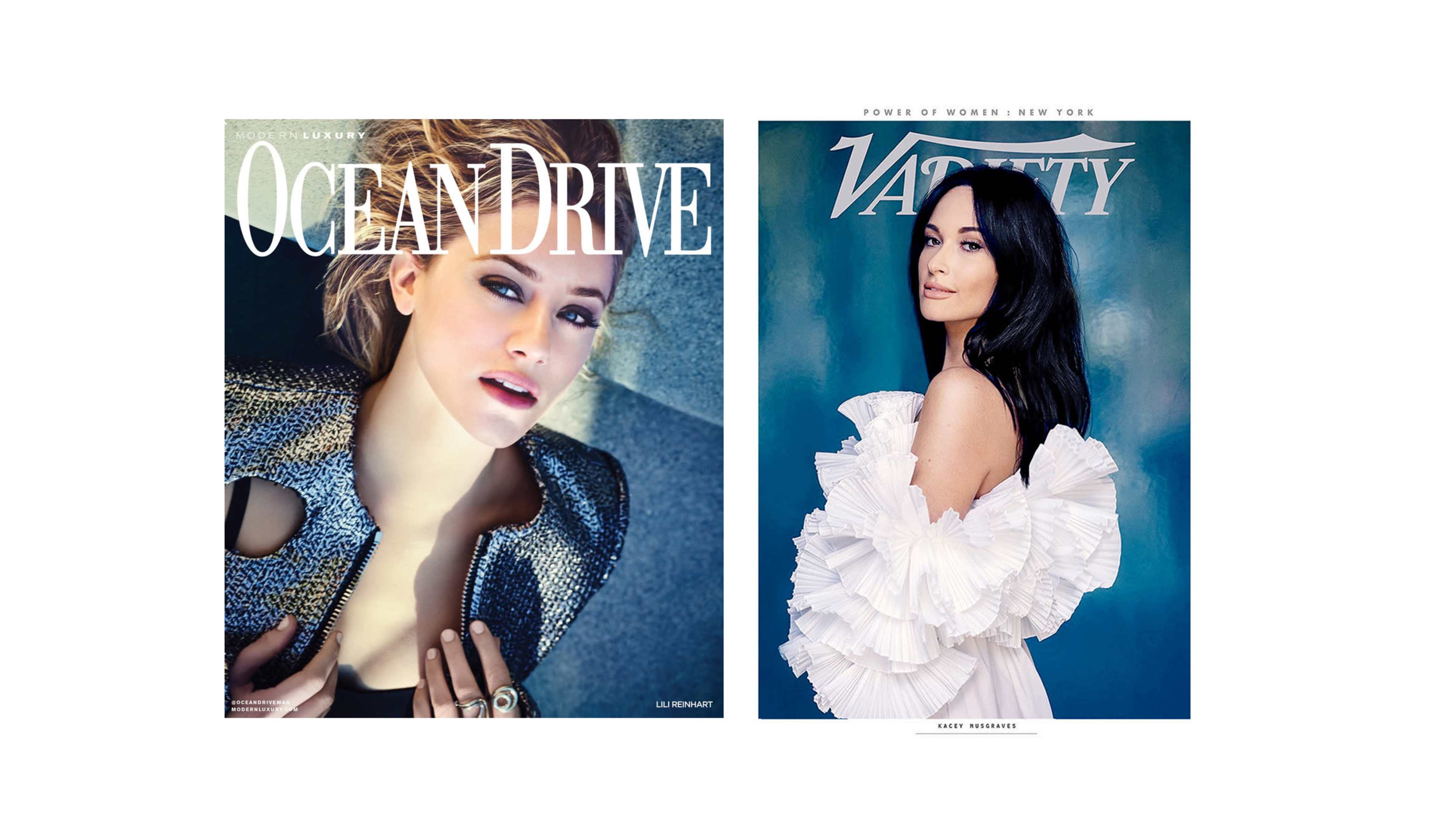 The image displays two magazine covers side by side: one featuring a woman with a stylish hairstyle on the cover of "Ocean Drive," and the other showcasing a woman in a dramatic outfit on the cover of "Variety."