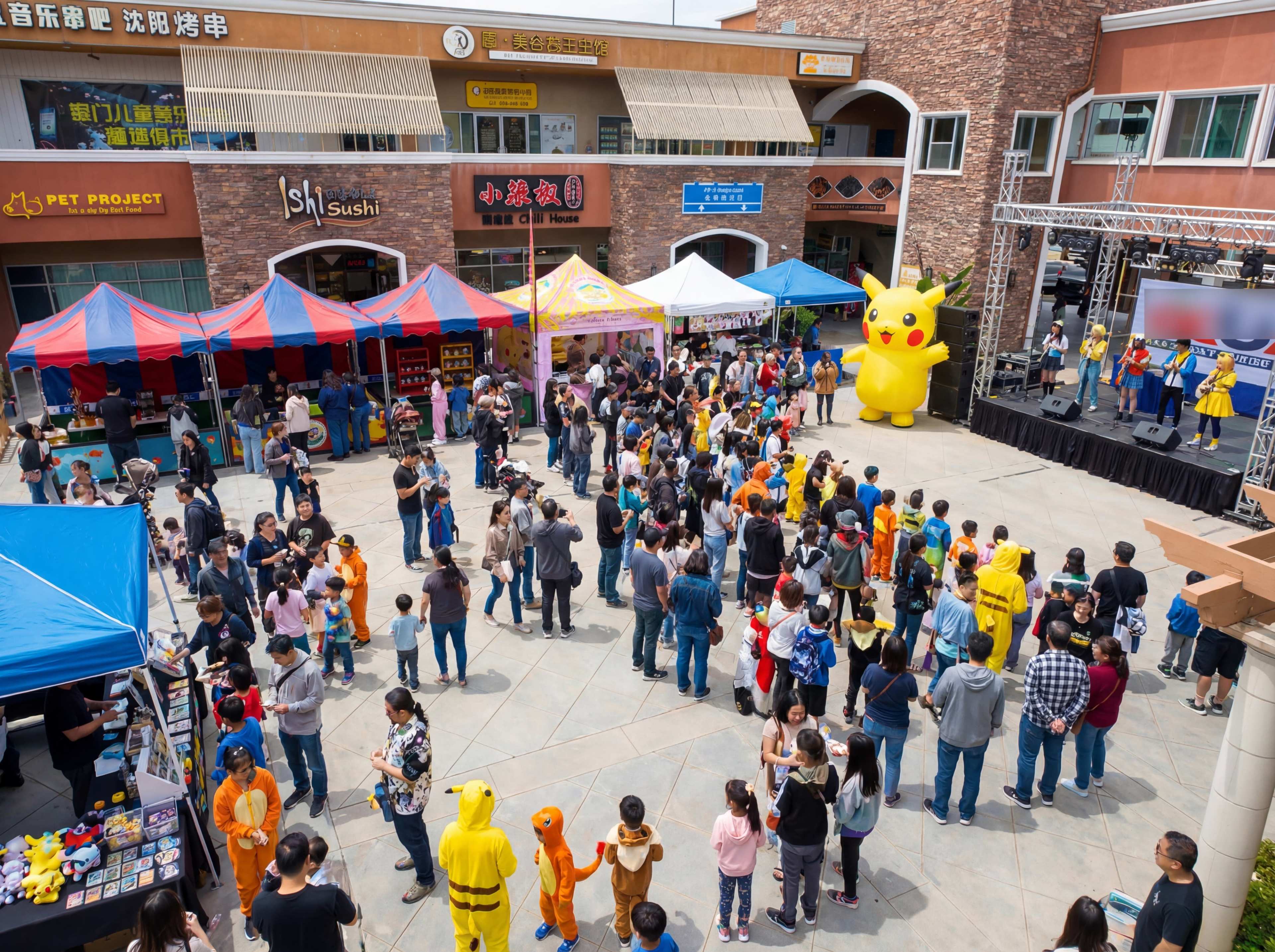 A large crowd gathers in an outdoor plaza filled with colorful tents and a stage, featuring characters like Pikachu while vendors sell various items.