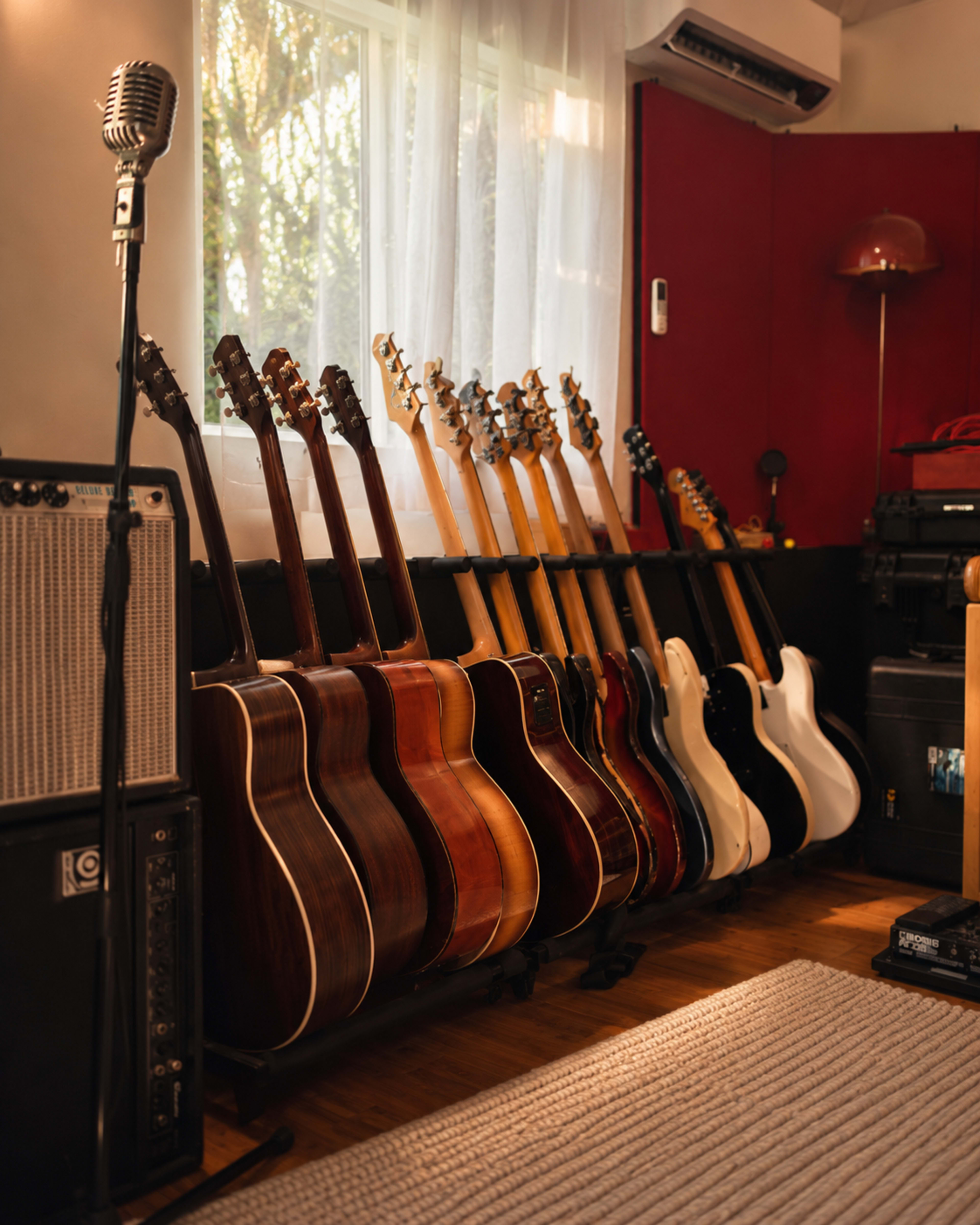 A collection of various guitars is displayed against a wall in a well-lit room, alongside a microphone and music equipment.