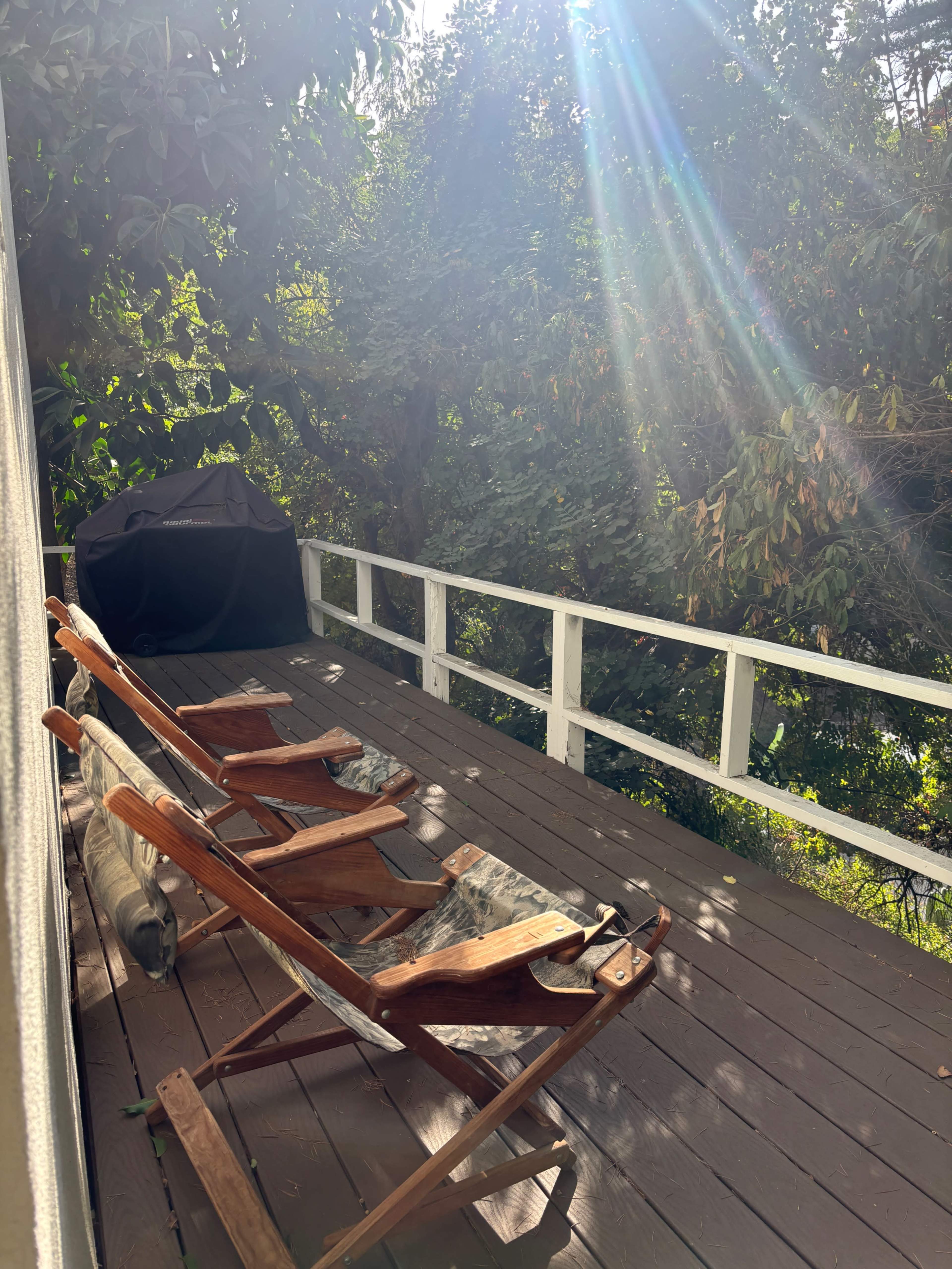 Two wooden deck chairs are positioned on a sunlit balcony overlooking greenery.