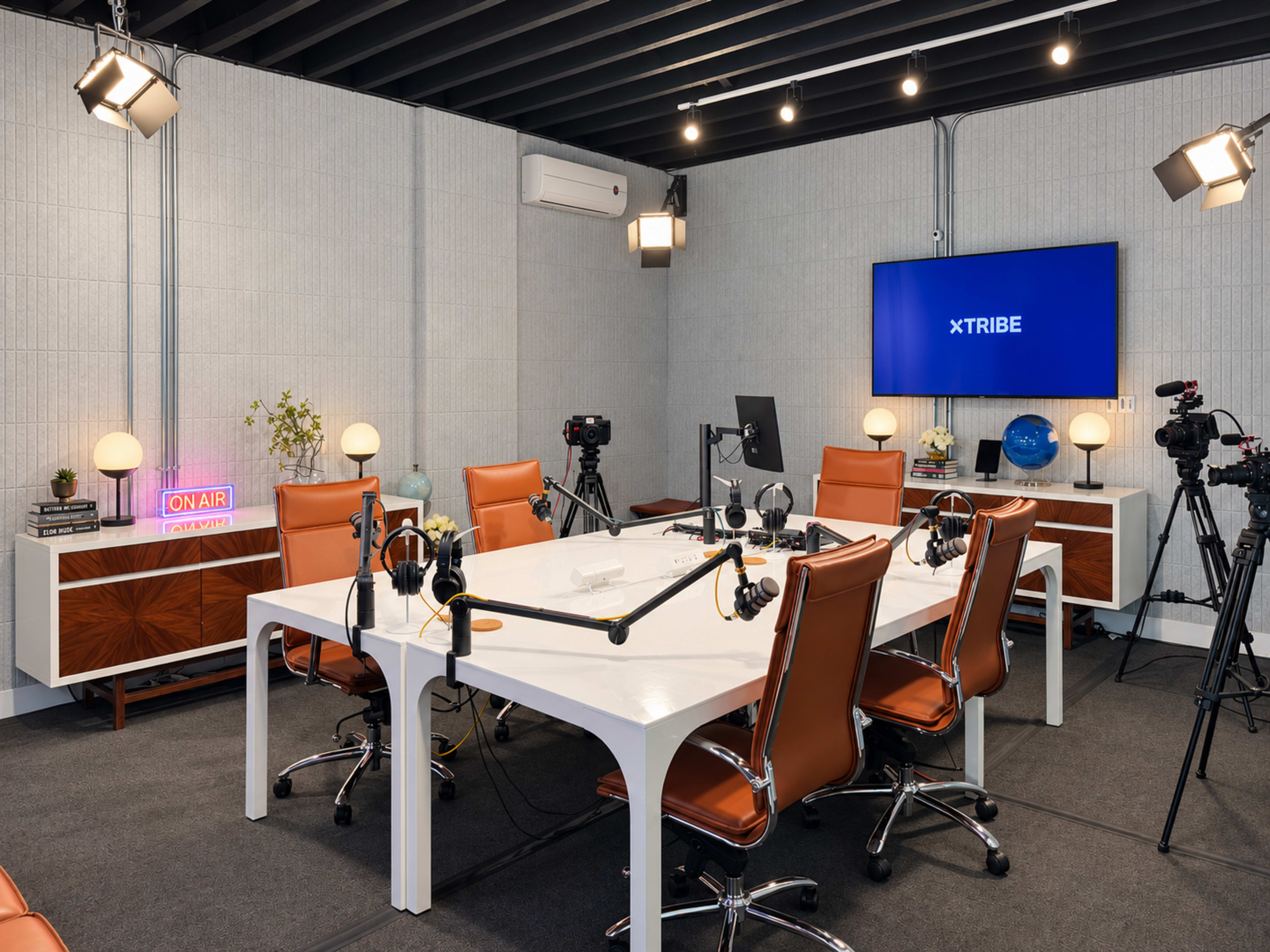 The image shows a modern podcast studio equipped with a long white table surrounded by brown leather chairs, microphones on stands, cameras set up, and a screen displaying the name "XTRIBE."