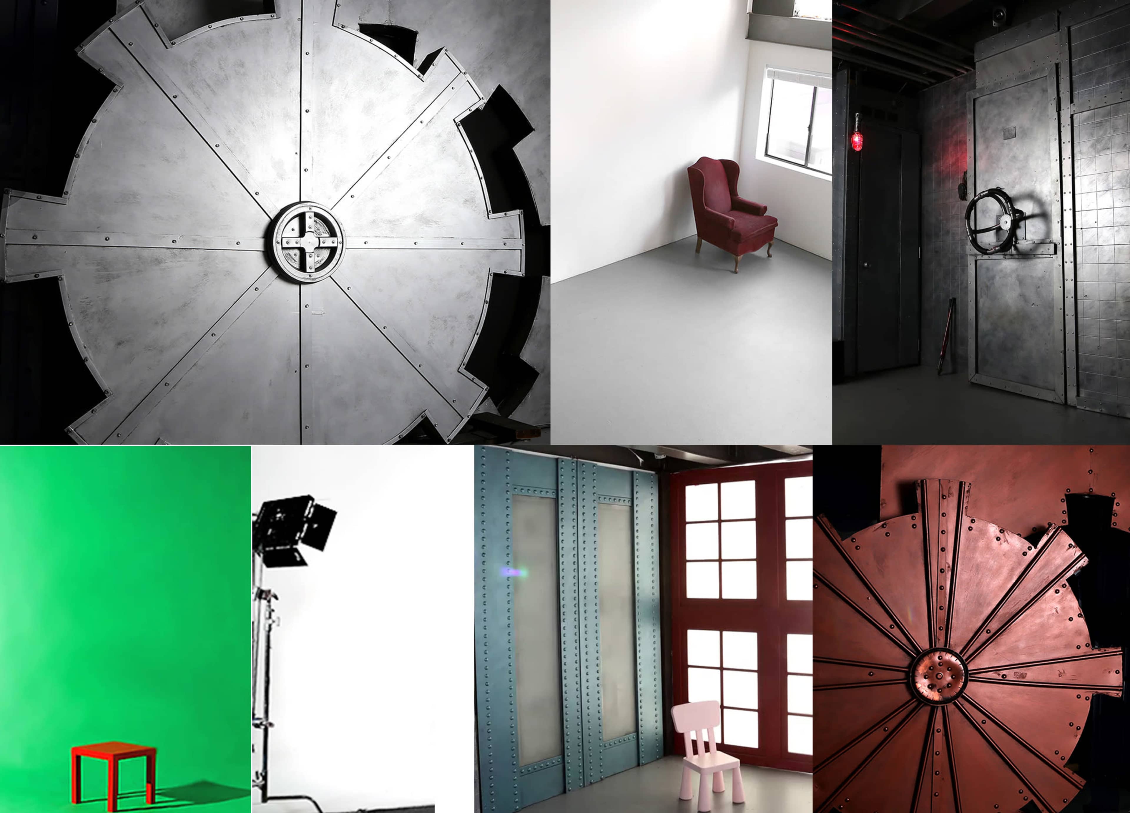 A collage of various industrial and minimalist interior scenes, featuring metallic doors, empty chairs, and a green screen setup.