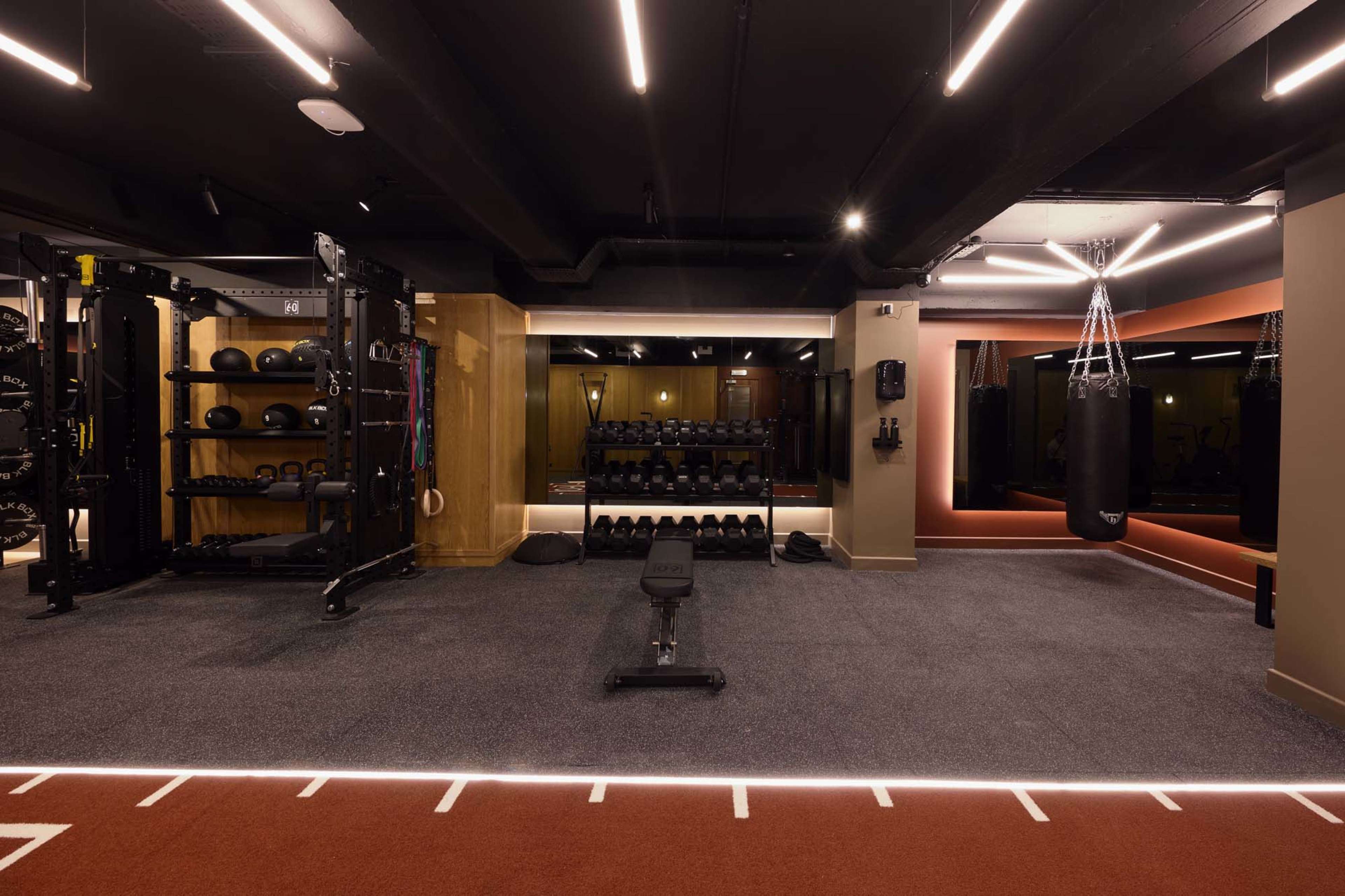 The image shows a modern gym interior equipped with various exercise machines, free weights, and a boxing bag, all set against a well-lit backdrop.
