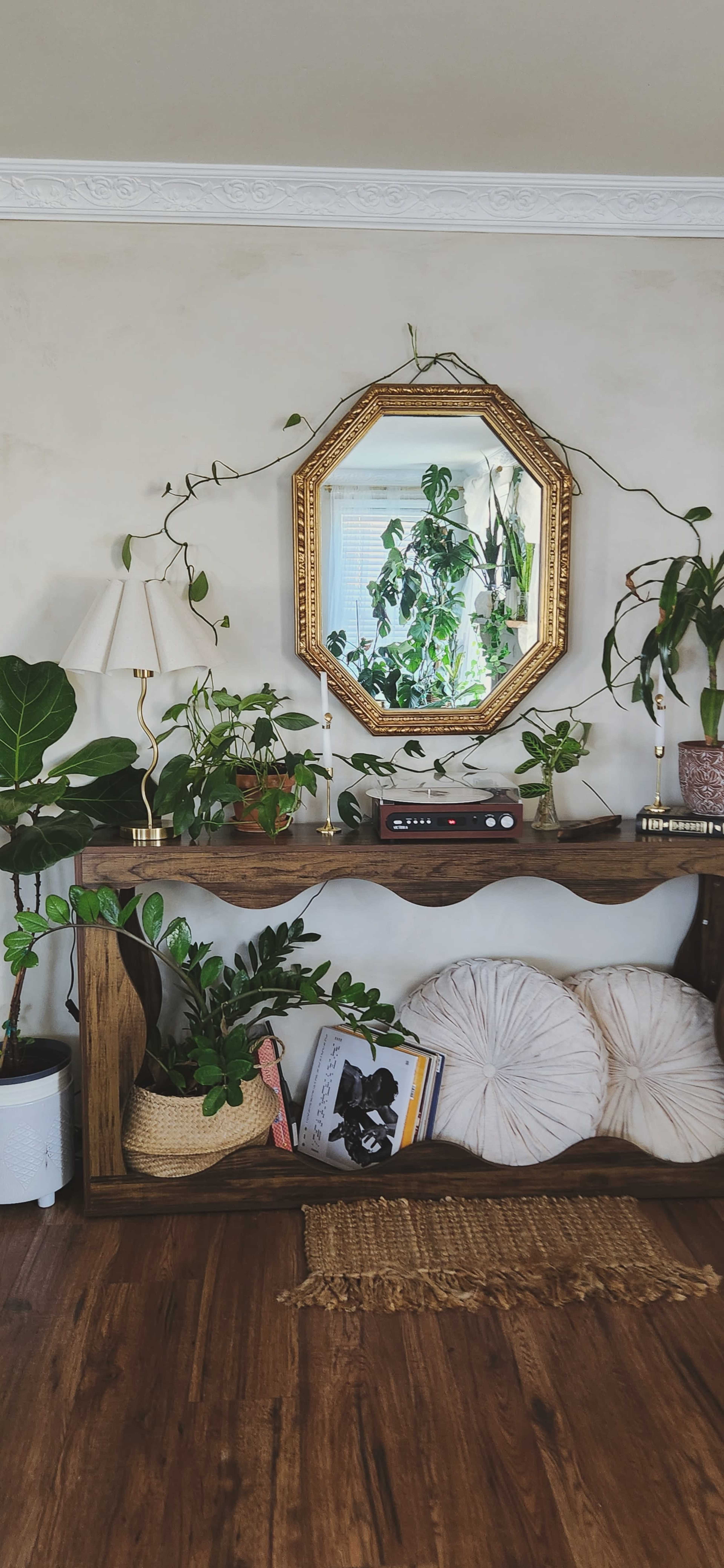 The image features a wooden shelf adorned with various potted plants, a decorative mirror, and a couple of lamps, set against a light-colored wall.