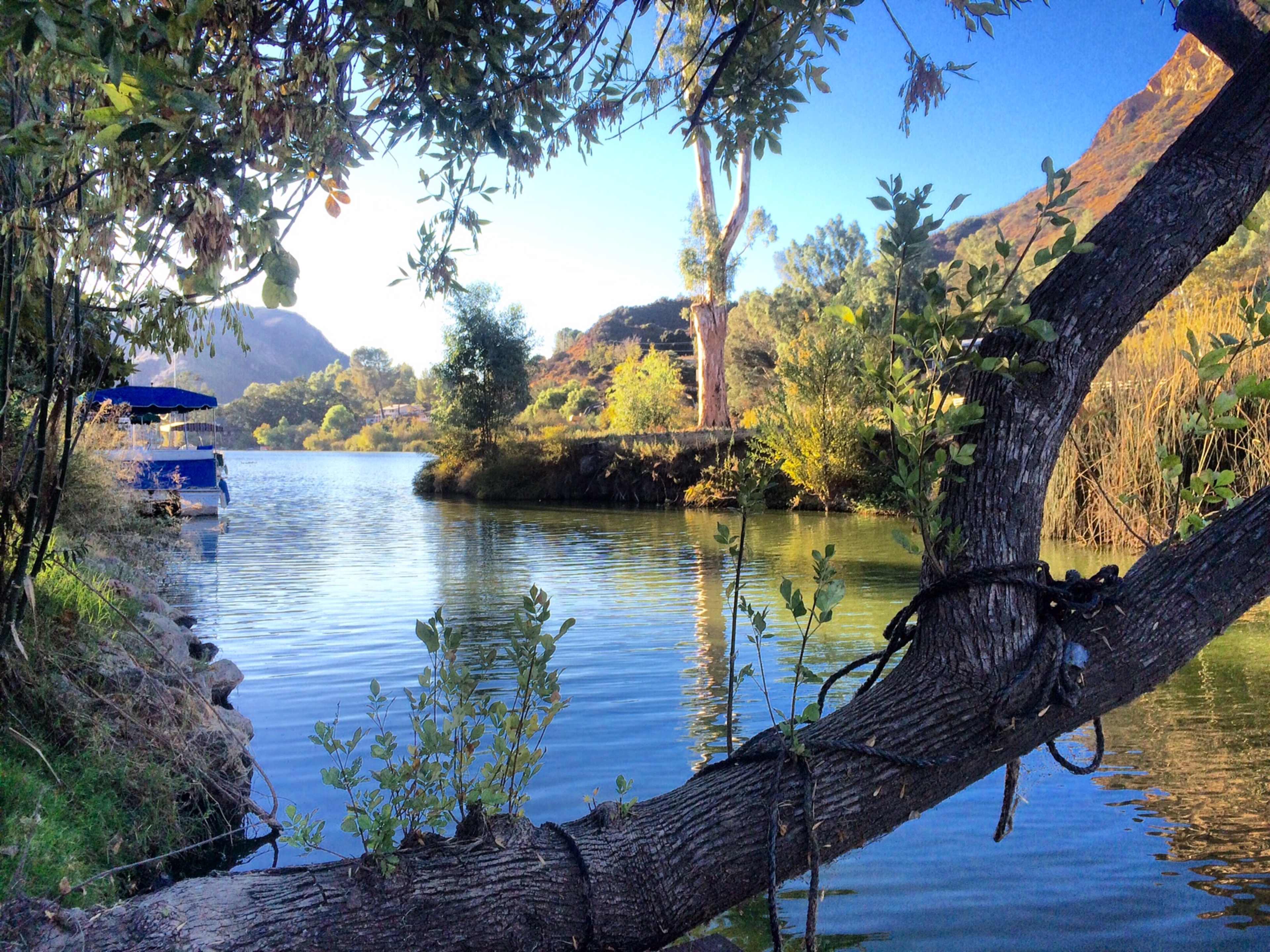 A tranquil river flows alongside greenery and trees, with a small blue boat visible near the bank.