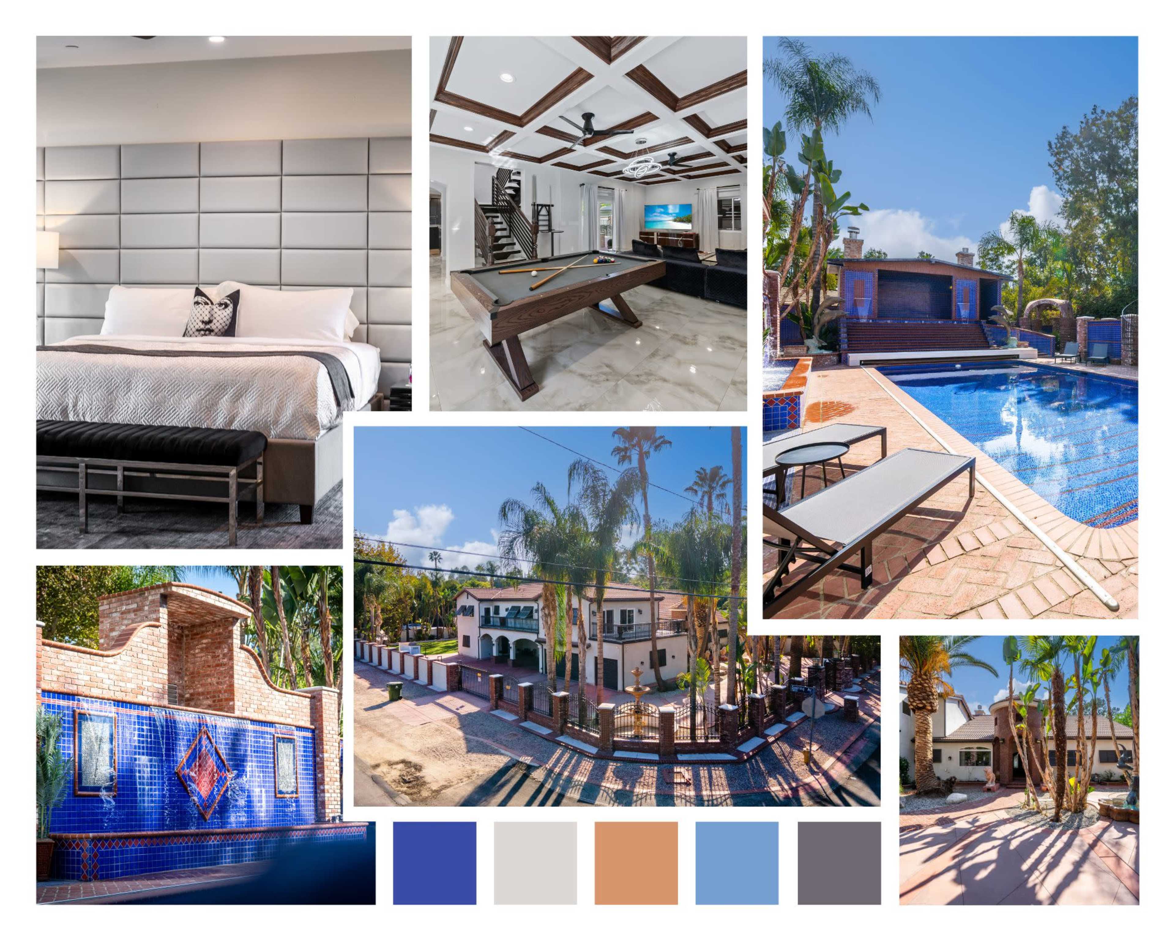 The image showcases a luxurious property featuring a modern bedroom, a game room with a pool table, a swimming pool surrounded by palm trees, and elegantly designed outdoor spaces.