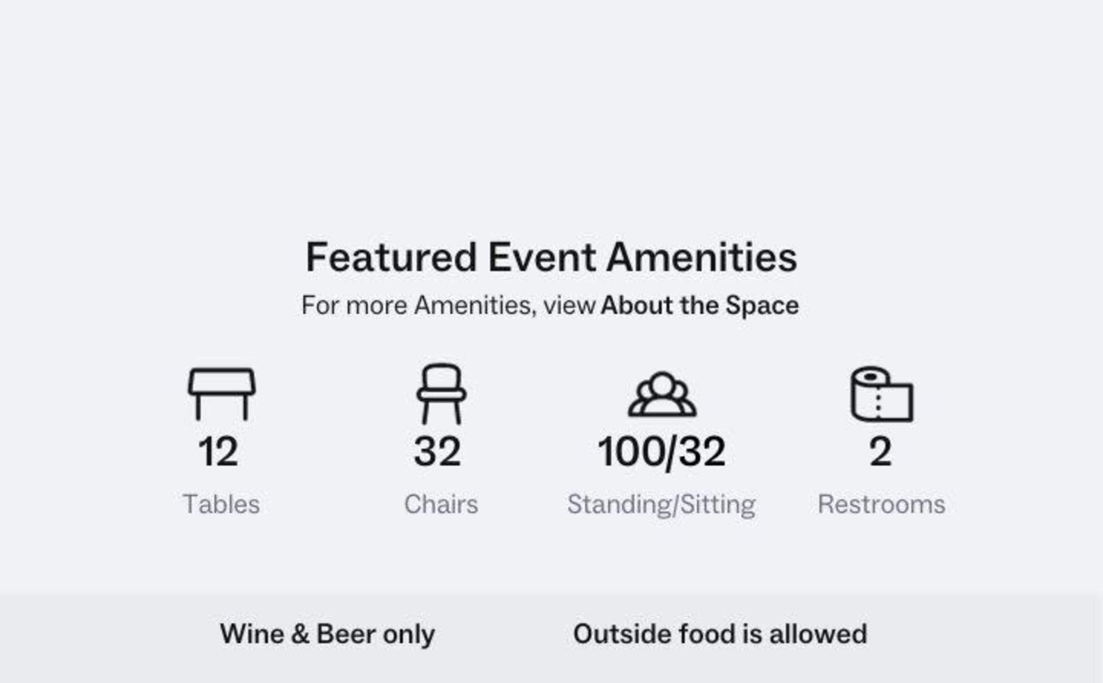 The image displays a list of featured event amenities, including 12 tables, 32 chairs, standing room for 32, and 2 restrooms, along with notes that only wine and beer are allowed and outside food is permitted.