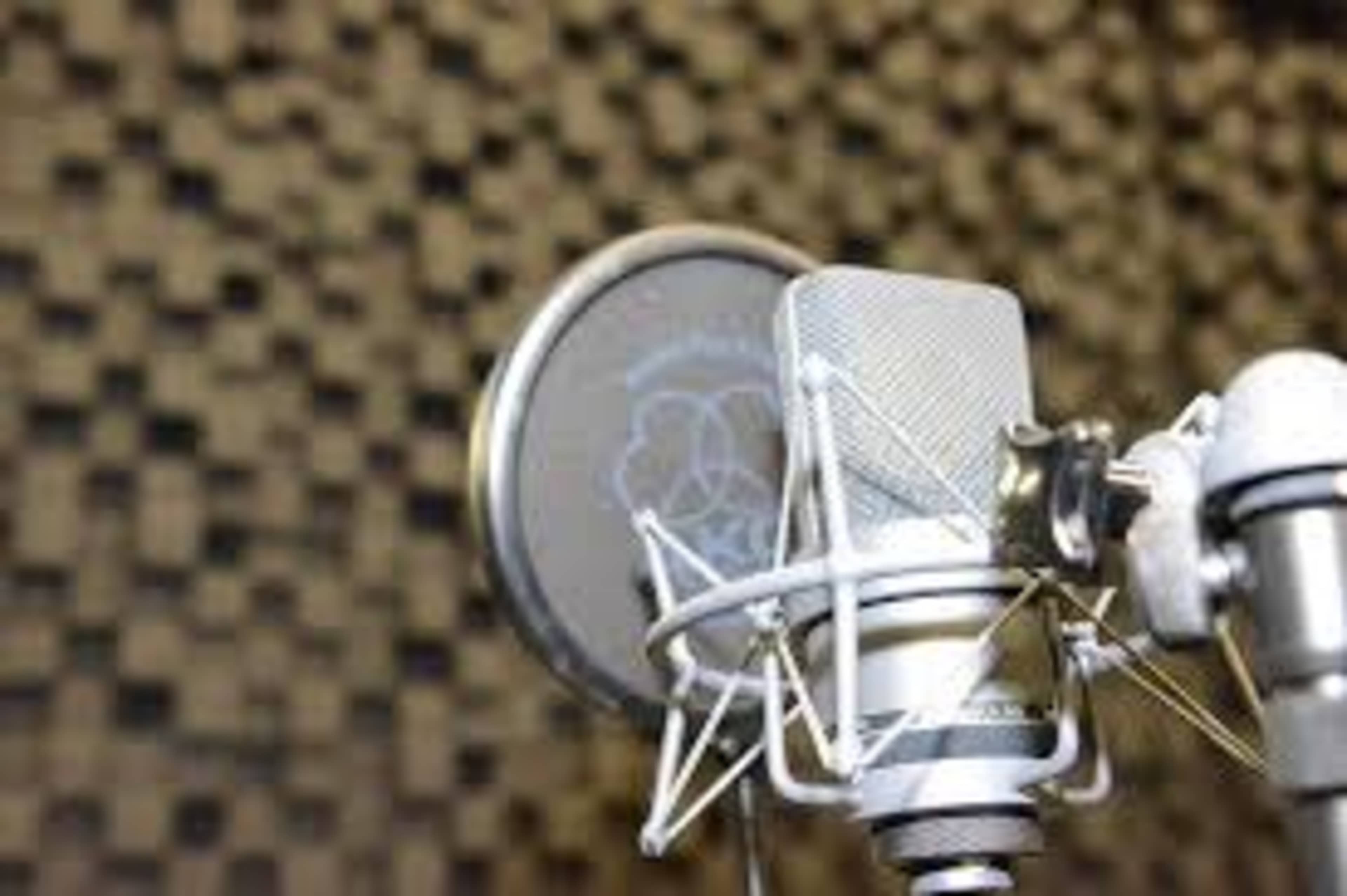 A close-up of a microphone with a pop filter is positioned against an acoustic treatment wall in a recording studio.