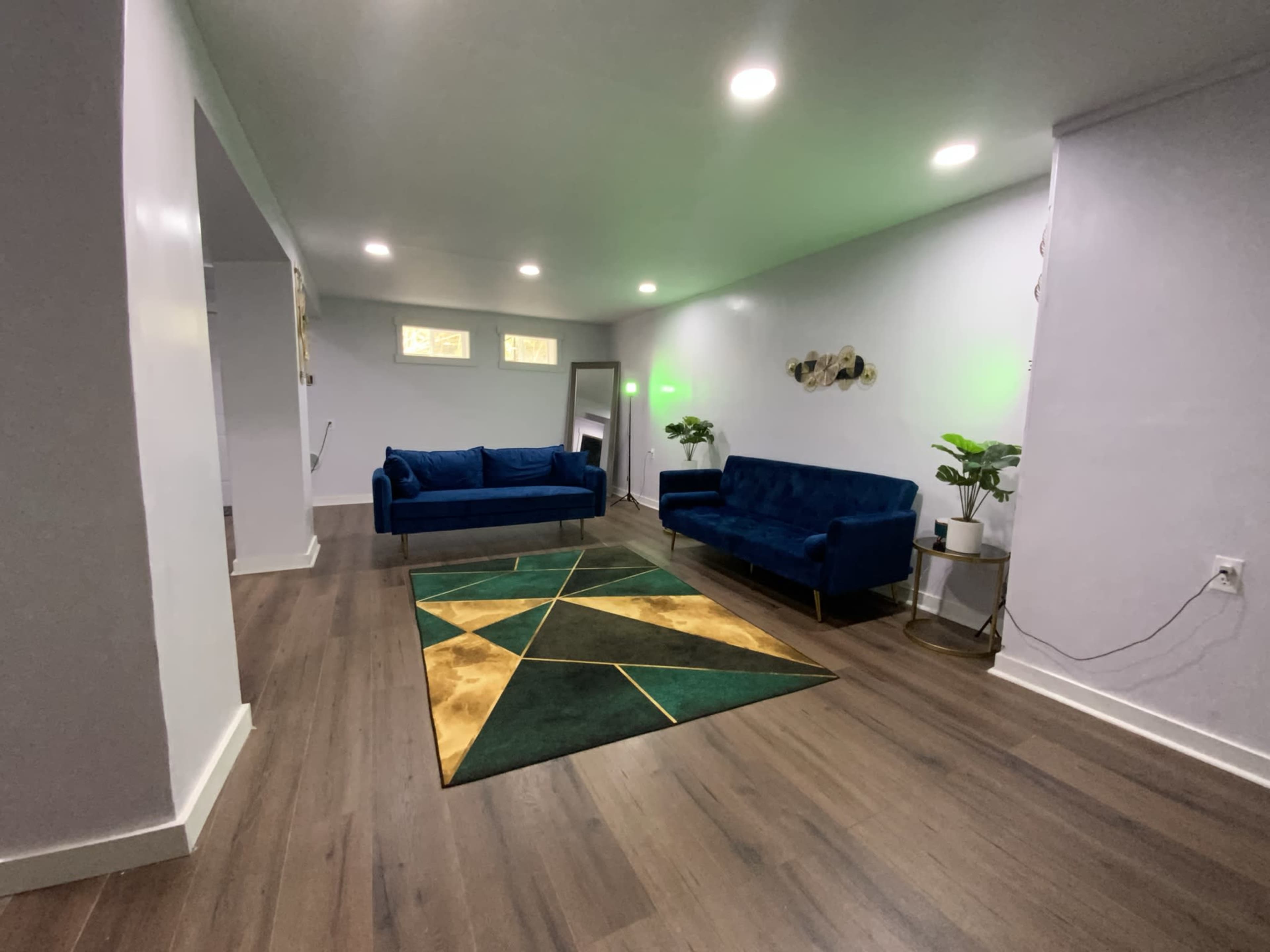 A spacious room with two blue sofas, a green and gold geometric rug on the wooden floor, and plants in the corners.