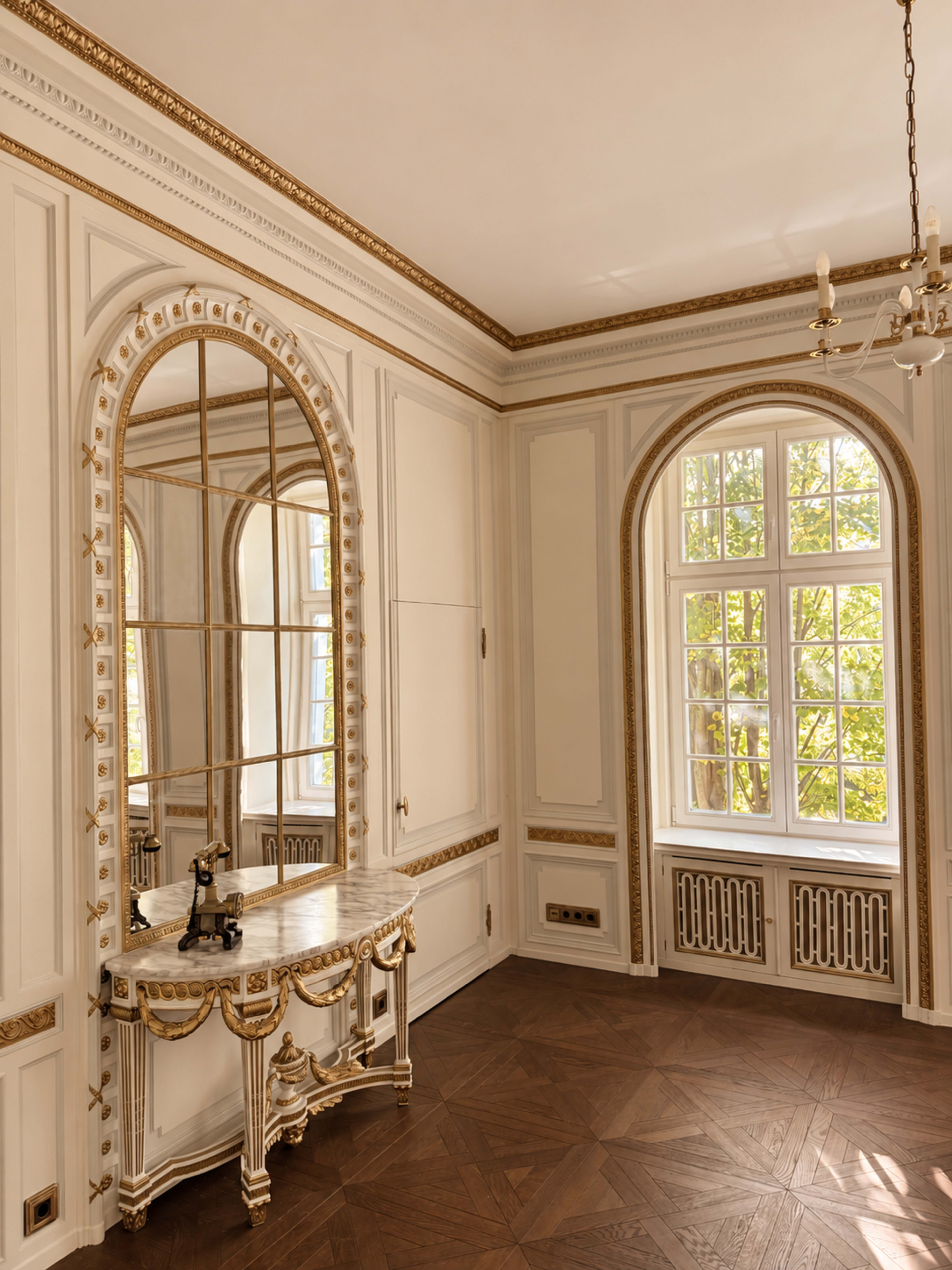 An elegantly designed room features a large mirror above a decorative console table, framed by ornate molding and a spacious window letting in natural light.