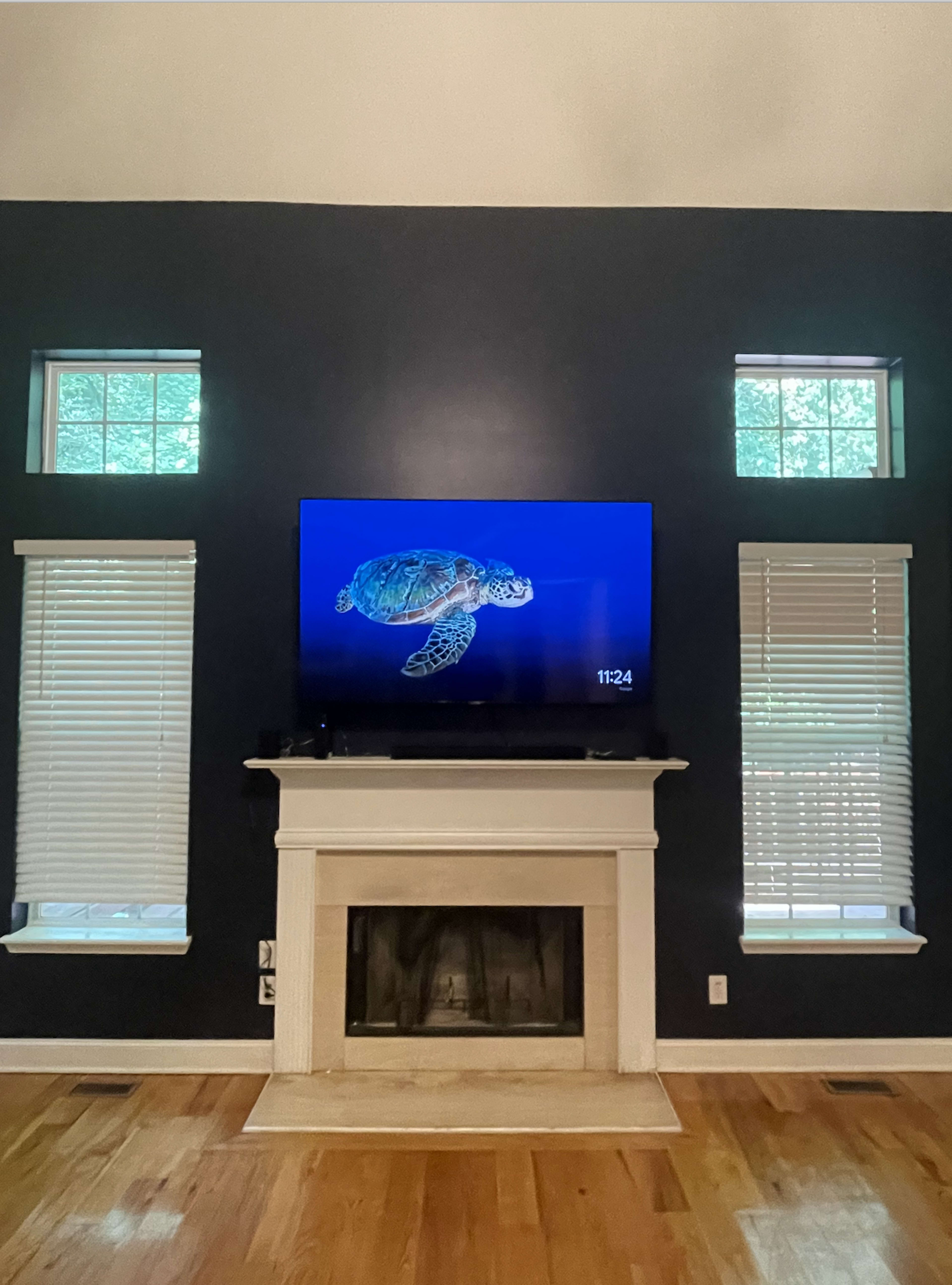 A large television displaying an image of a sea turtle is mounted above a white fireplace in a room with dark blue walls and two windows with white blinds.