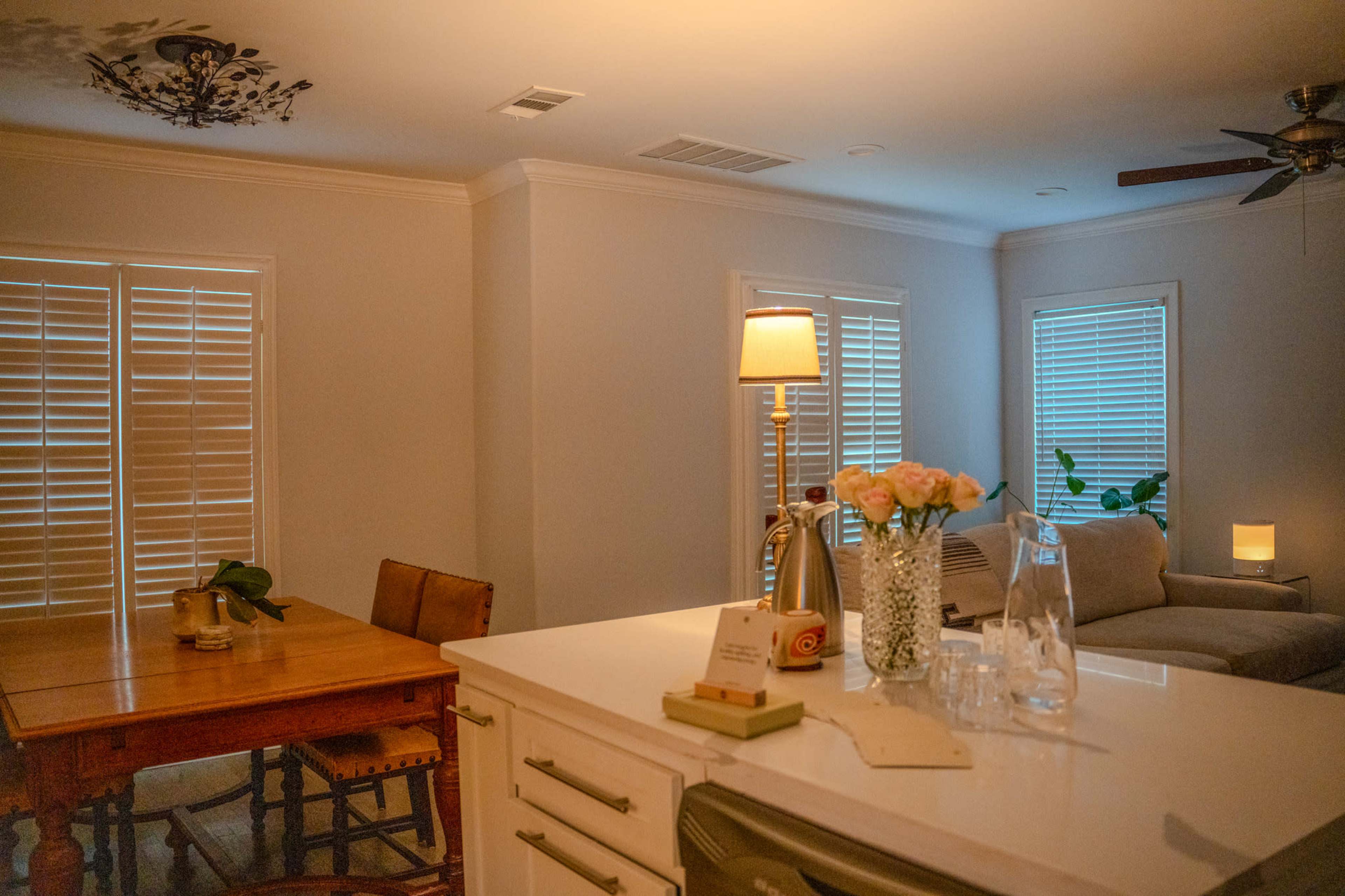 A cozy living space features a dining table with wooden chairs, a couch, and a lamp beside a vase of flowers on a kitchen counter.