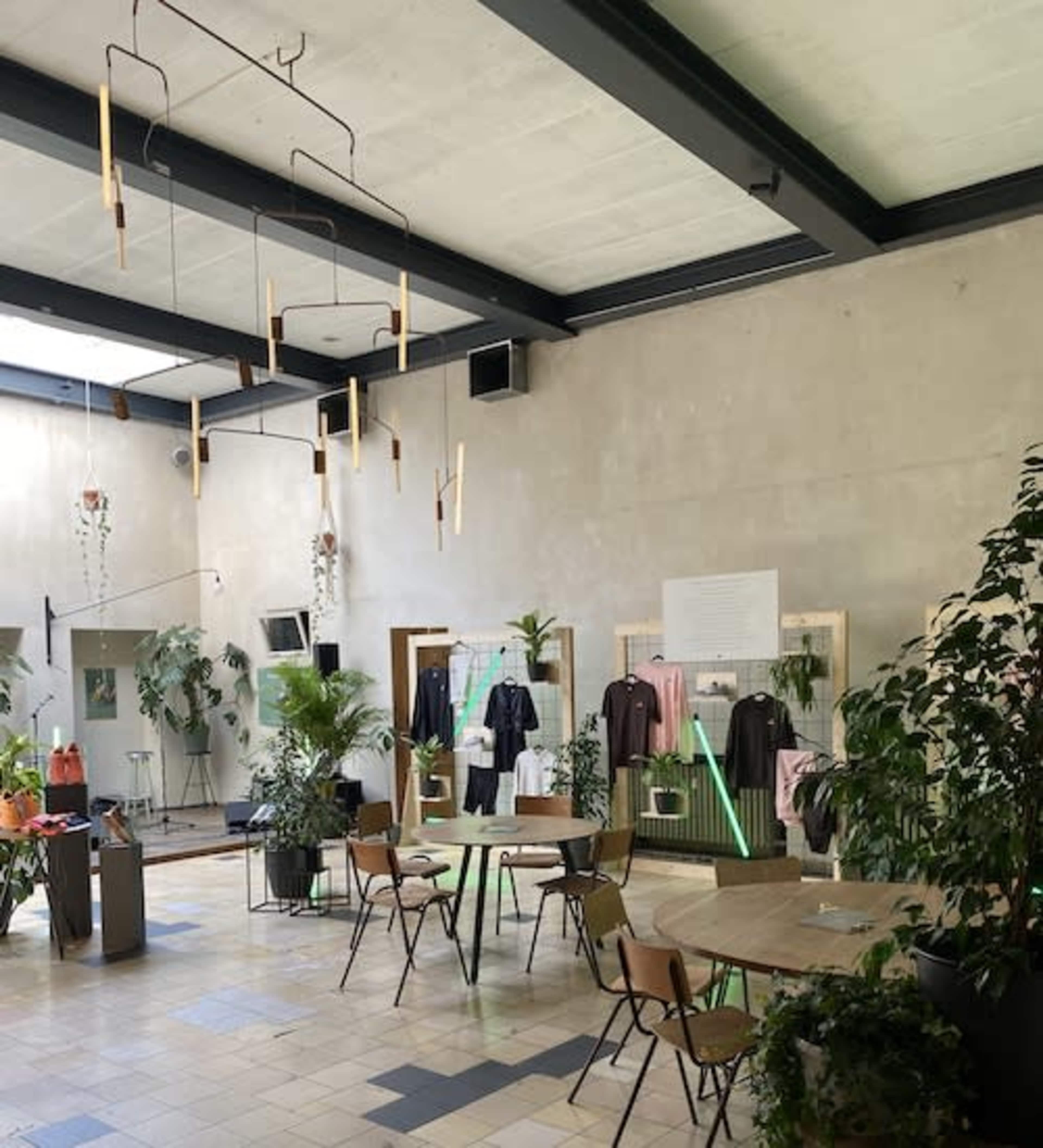 A spacious retail space with a minimalist design, featuring clothing displayed on racks and tables surrounded by indoor plants.