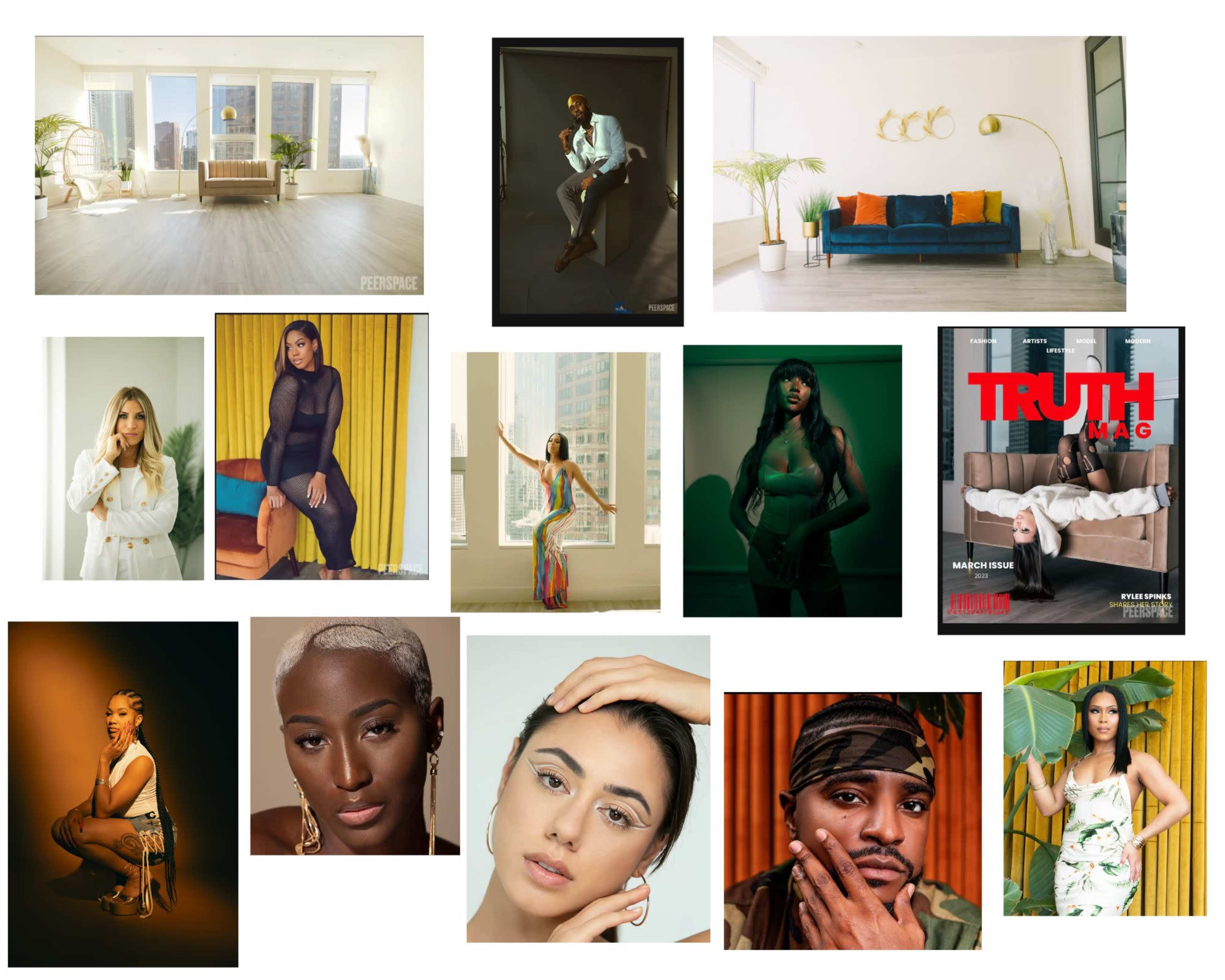 A collage of diverse photographs, including interior shots of a modern space, portraits of individuals in various poses and outfits, and magazine covers showcasing models.