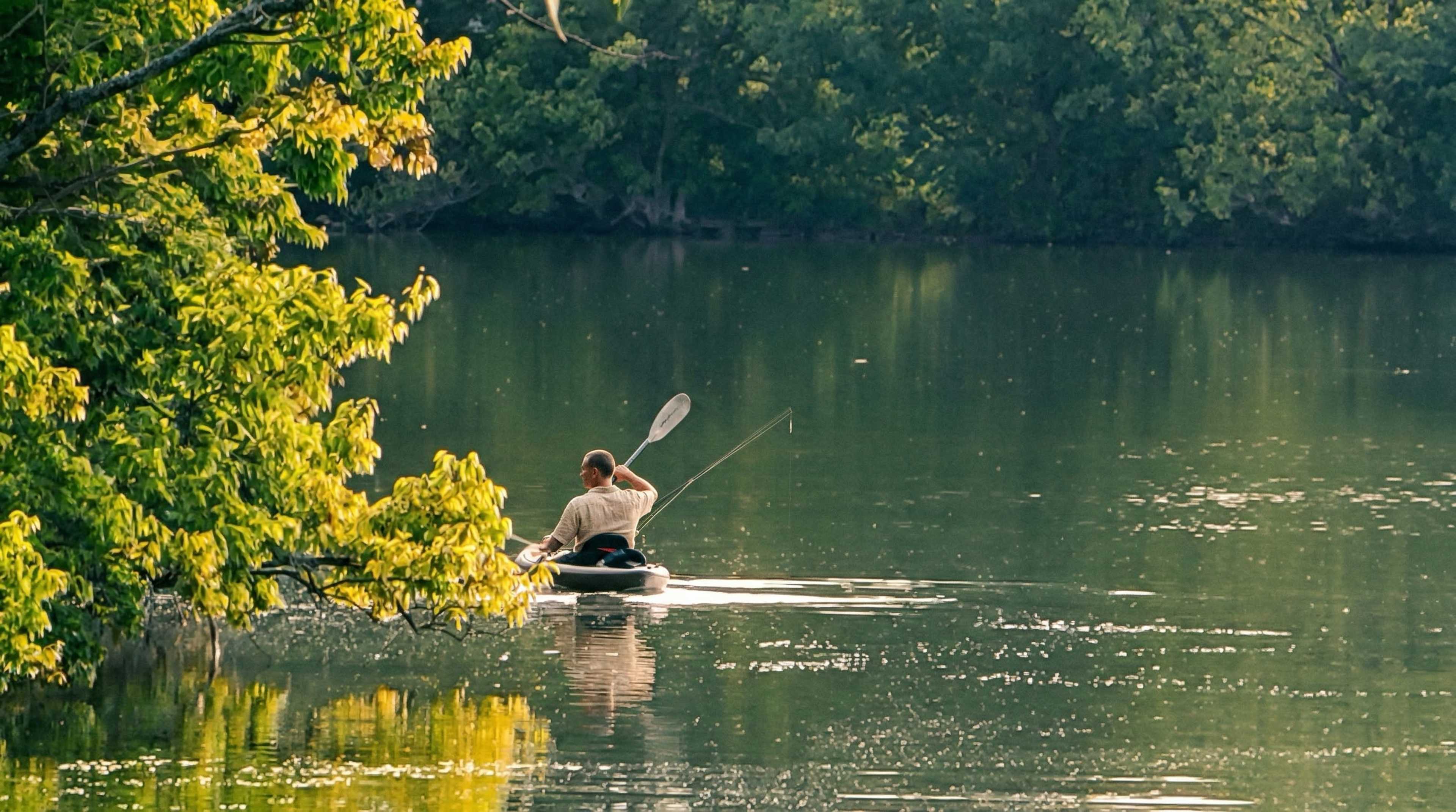 A person is kayaking on a calm lake surrounded by lush green trees.