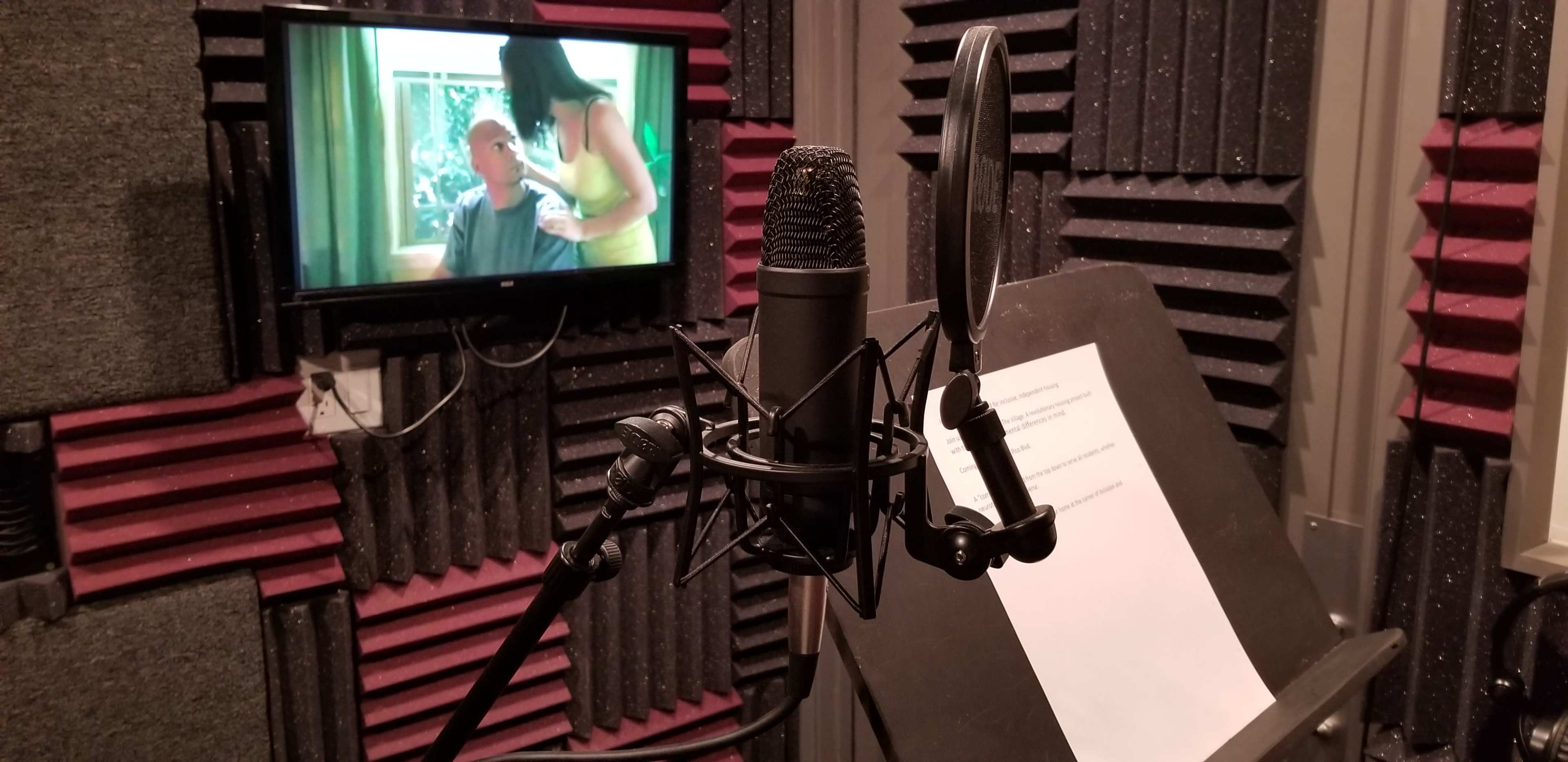 A microphone is positioned in a recording studio facing a screen displaying a scene from a video.
