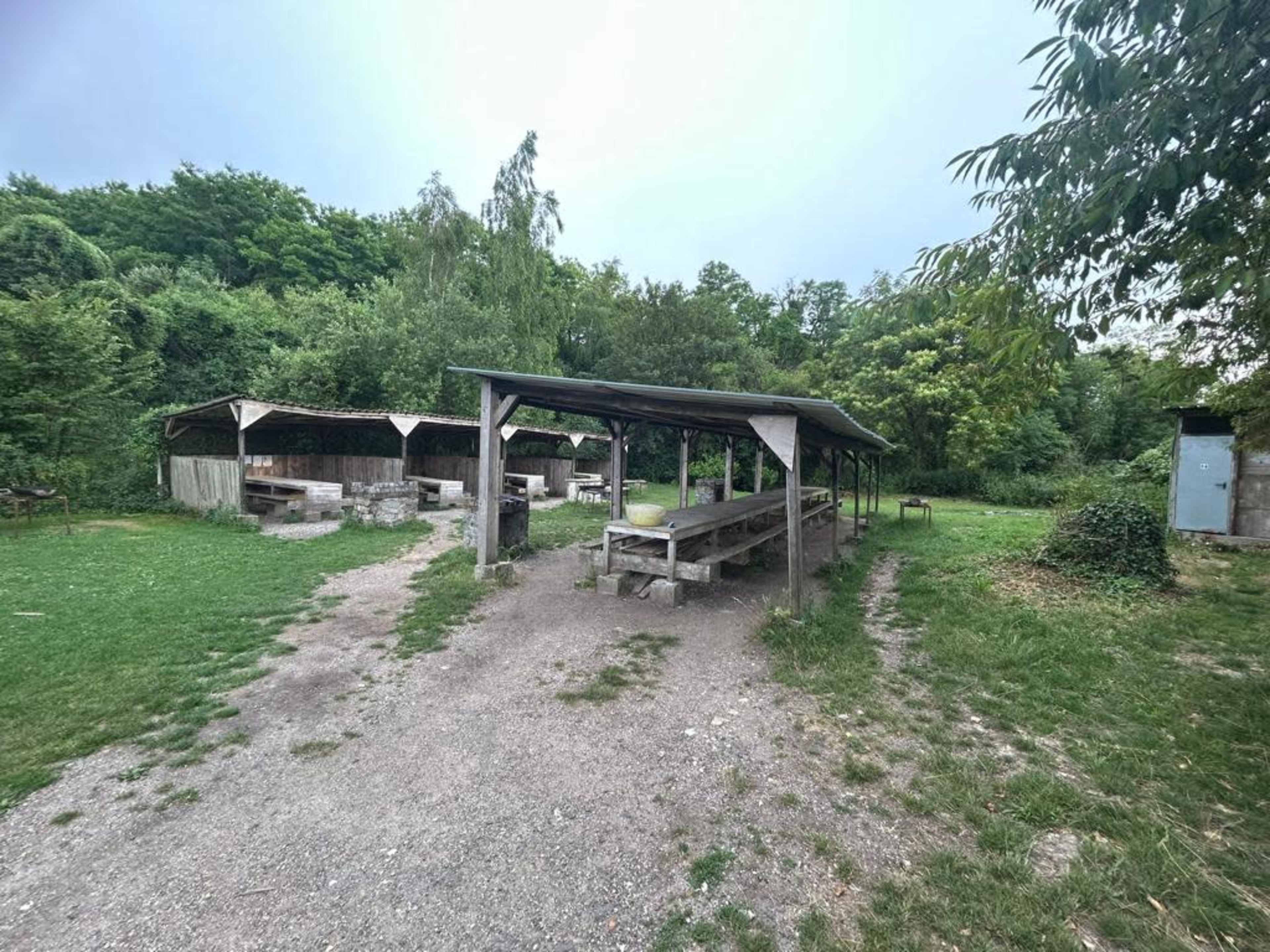 A picnic area with several covered tables surrounded by grass and trees.