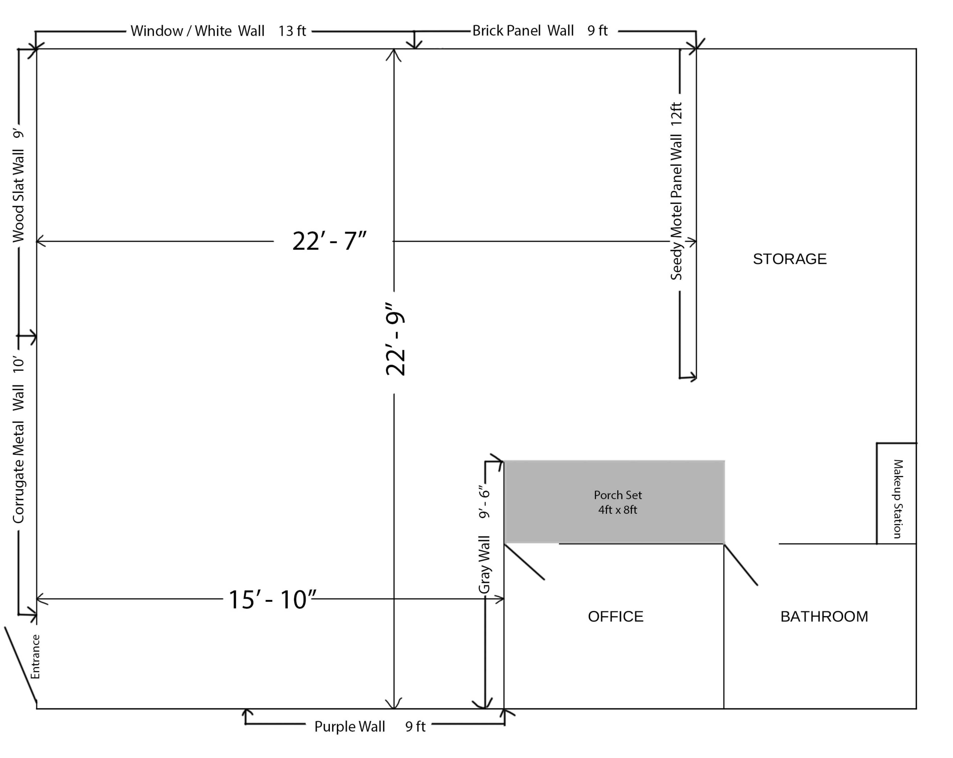 The diagram illustrates a floor plan of a space featuring designated areas including an office, bathroom, and storage, along with various wall types and their dimensions.
