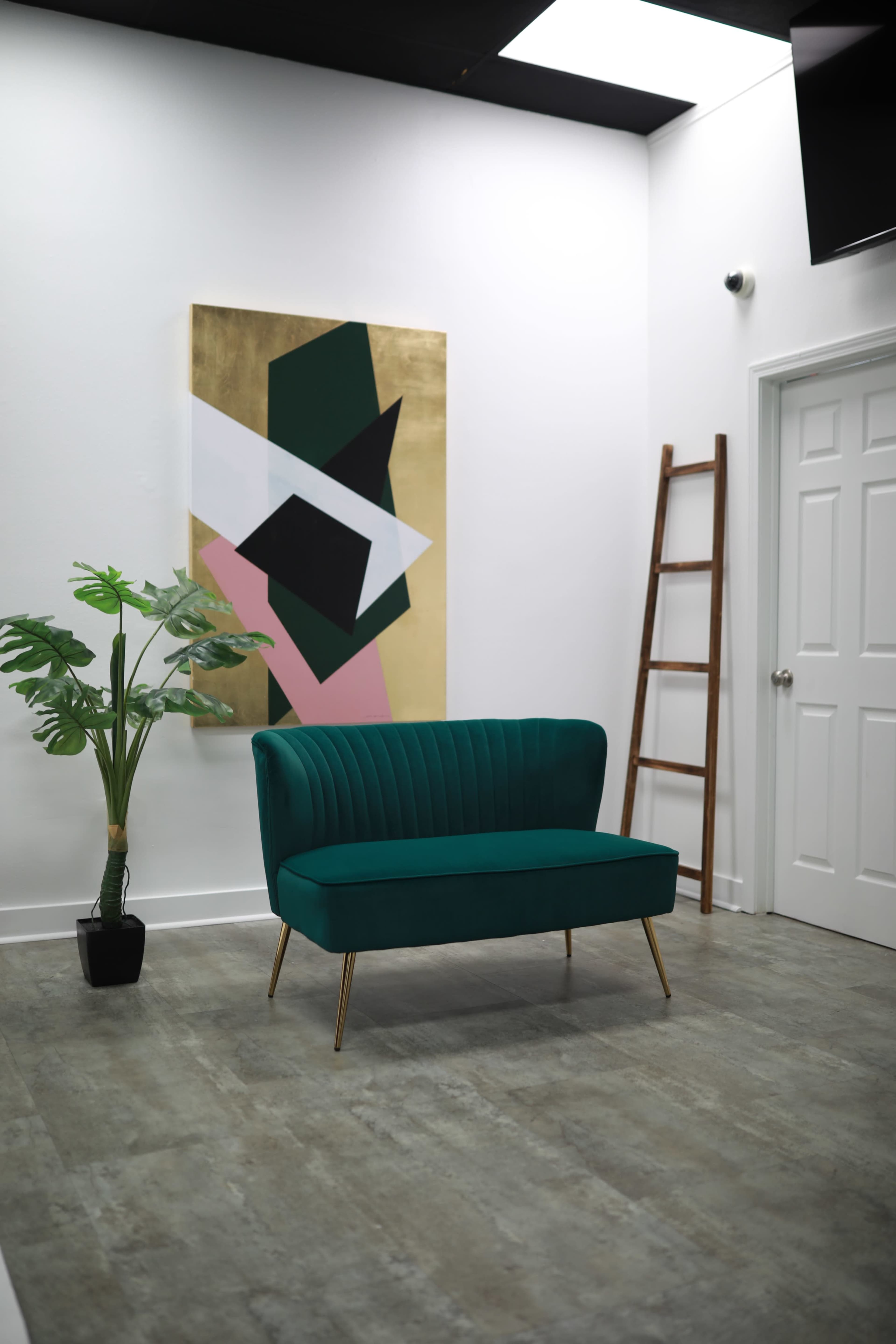 The image shows a modern interior featuring a teal sofa, a large abstract painting, a potted plant, a wooden ladder, and a closed door against a white wall.