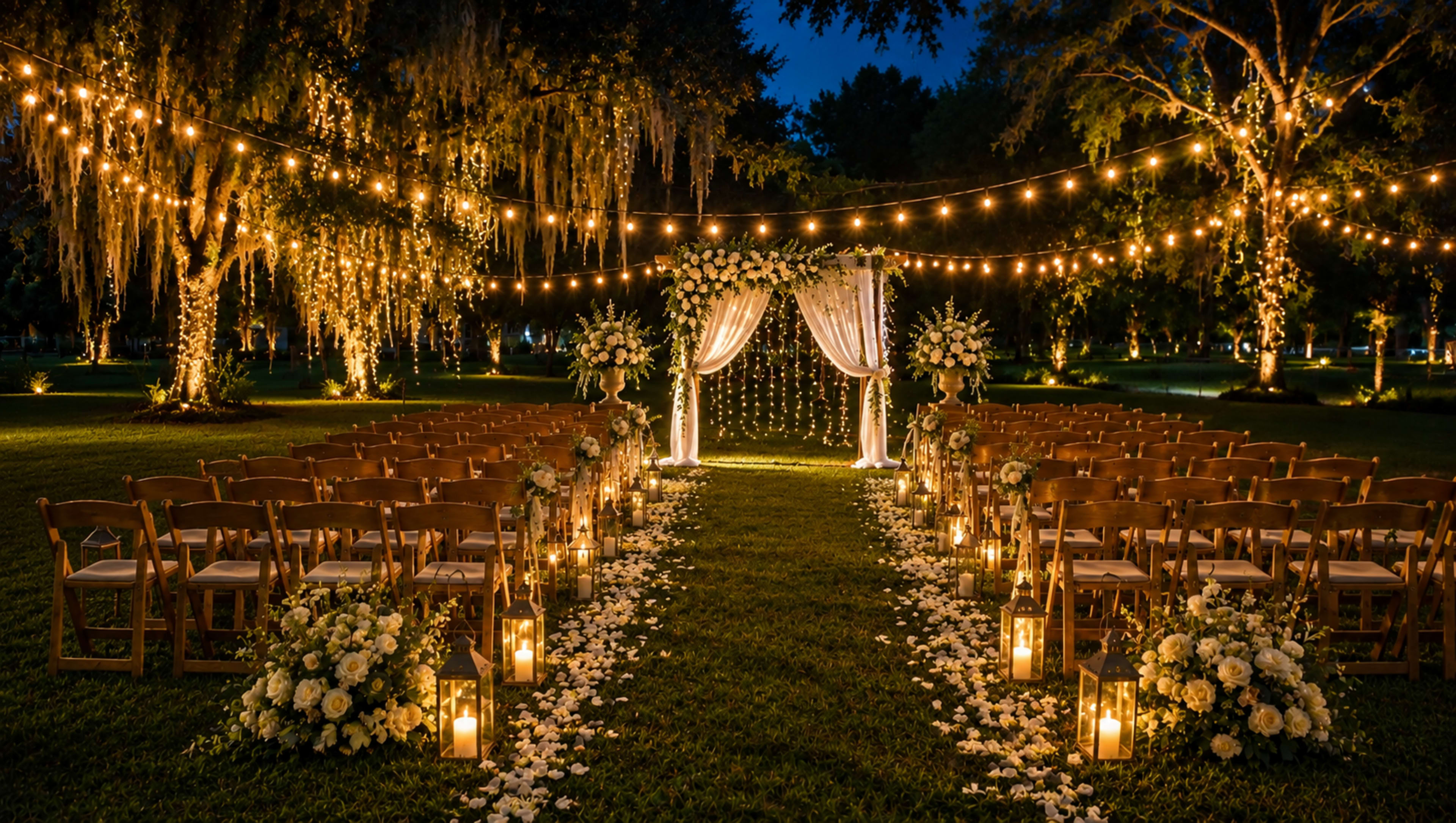 An outdoor wedding venue features a floral archway at the front, flanked by decorated aisle markers, with rows of wooden chairs set up under string lights and trees.