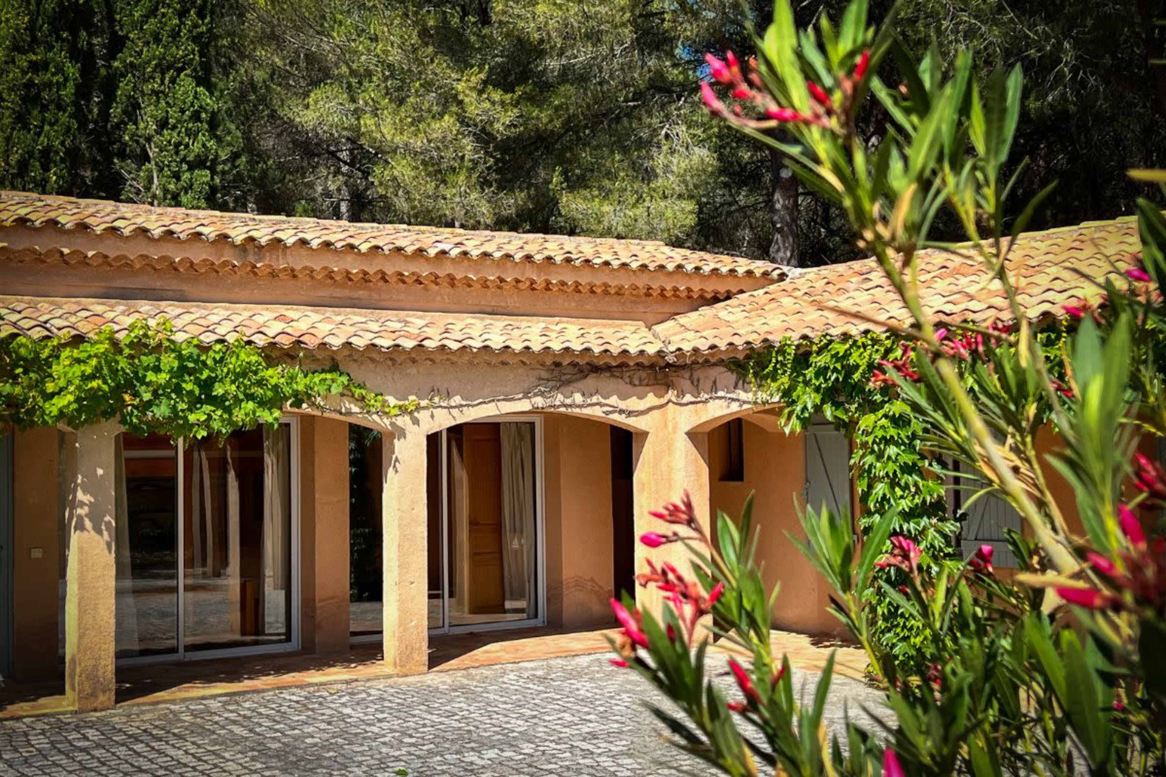 A stone pathway leads to a rustic villa surrounded by greenery and flowering plants.